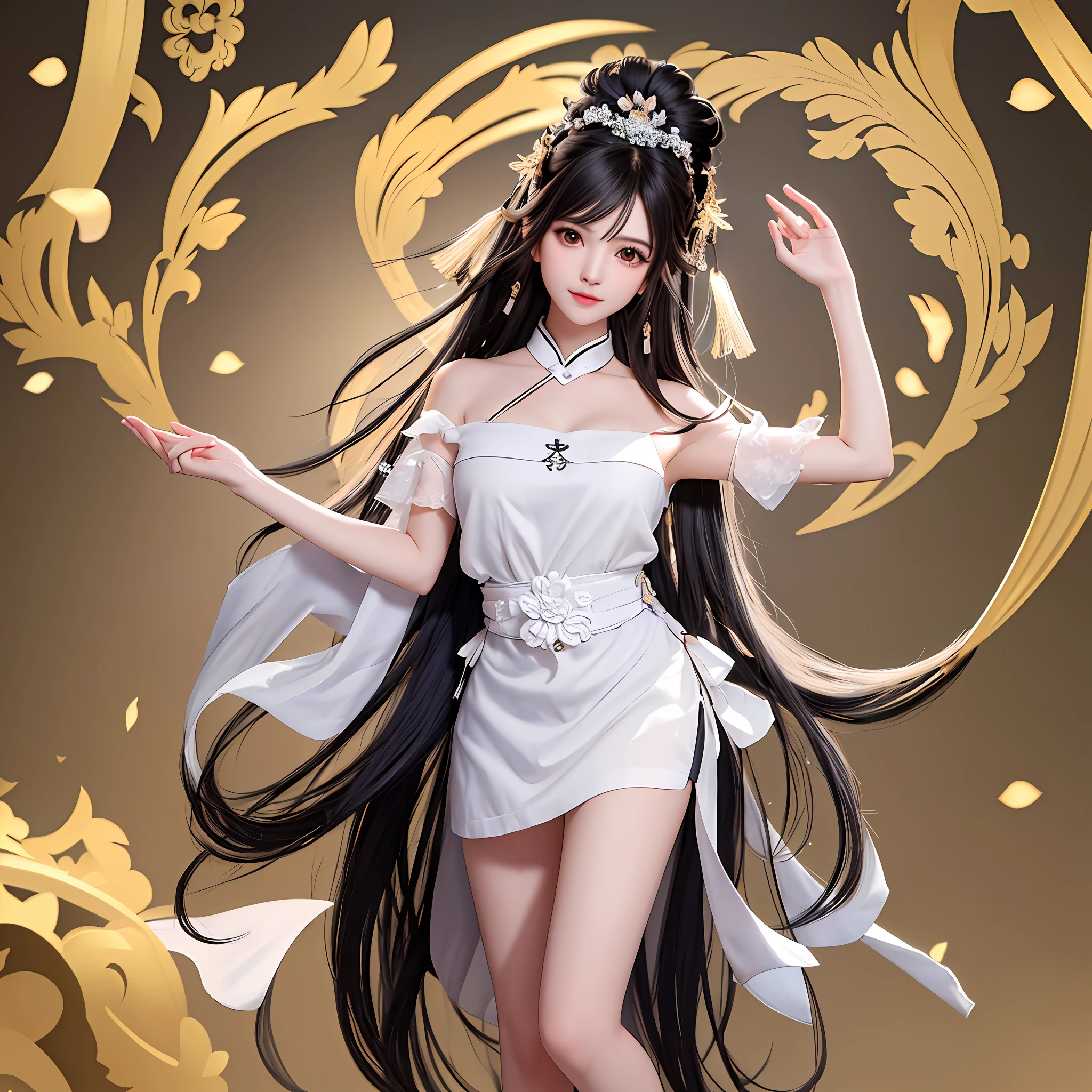 (masterpiece), (extreme), (super detail), (messy hair), (illustration), (1 girl) (black long hair 1.5) (bright black eyes) (shoulder length hair 2.0), (very Detail of Chinese apron), sexy pose, charming figure, standing, fashion model, looking at the audience, (interview), (simple background), beautiful detailed eyes, delicate pretty face, floating, (high saturation), ( soft background light), focus on the face, full body shot, attractive long legs, bare feet,