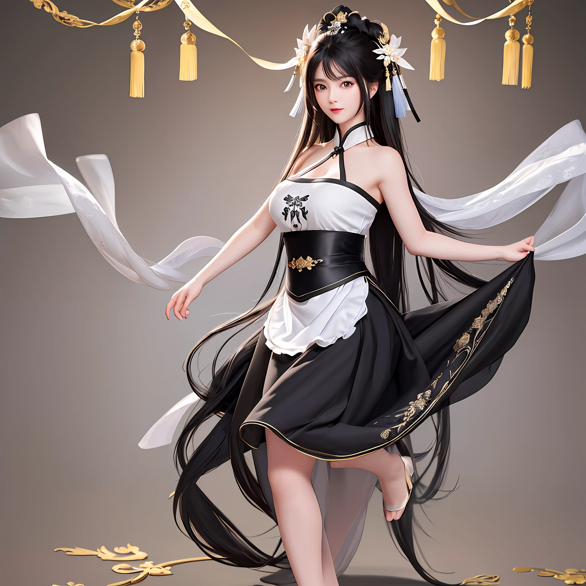 (masterpiece), (extreme), (super detail), (messy hair), (illustration), (1 girl) (black long hair 1.5) (bright black eyes) (shoulder length hair 2.0), (very Detail of Chinese apron), sexy pose, charming figure, standing, fashion model, looking at the audience, (interview), (simple background), beautiful detailed eyes, delicate pretty face, floating, (high saturation), ( soft background light), focus on the face, full body shot, attractive long legs, bare feet,
