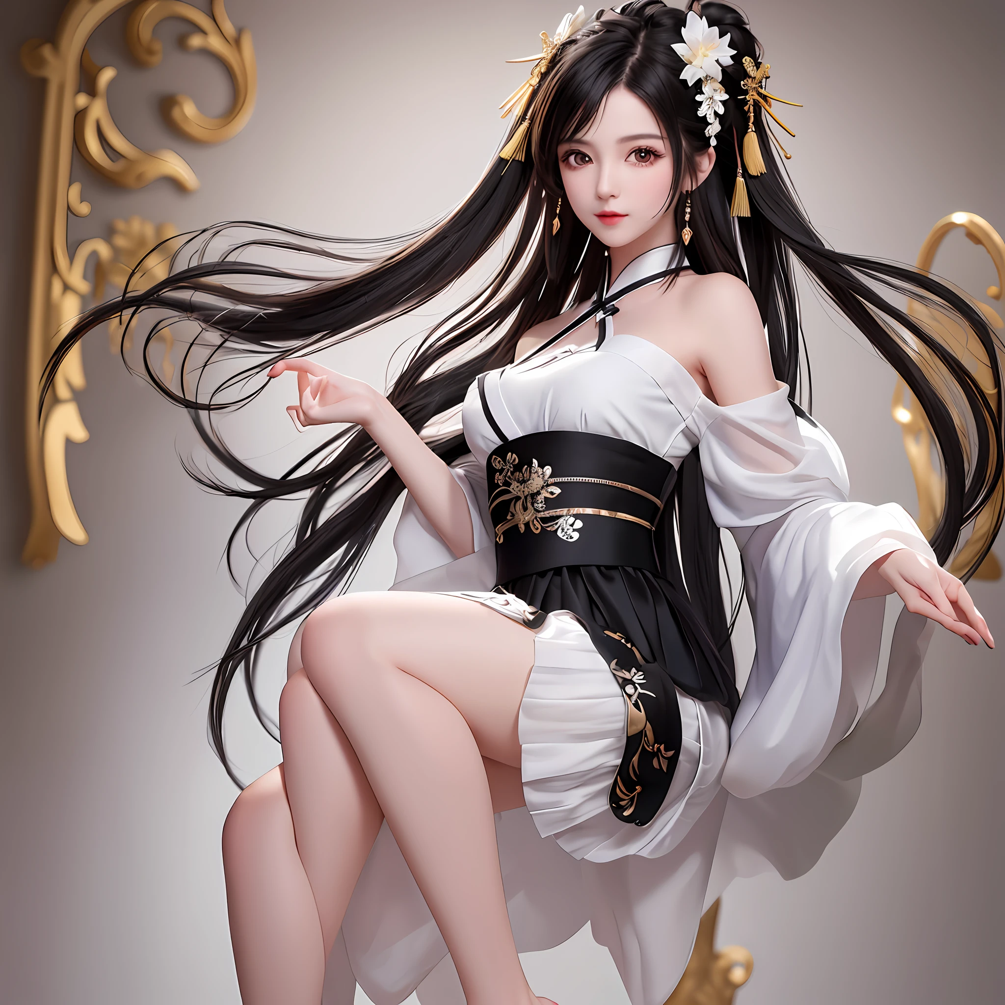 (masterpiece), (extreme), (super detail), (messy hair), (illustration), (1 girl) (black long hair 1.5) (bright black eyes) (shoulder length hair 2.0), (very Detail of Chinese apron), sexy pose, charming figure, standing, fashion model, looking at the audience, (interview), (simple background), beautiful detailed eyes, delicate pretty face, floating, (high saturation), ( soft background light), focus on the face, full body shot, attractive long legs, bare feet,