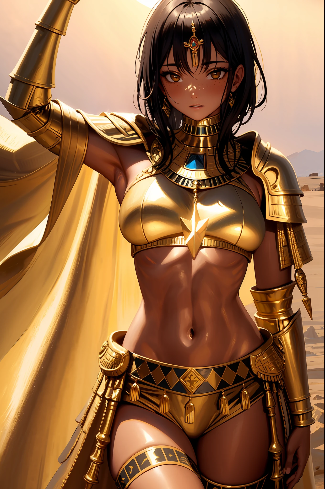realistic photo, masterpiece, highest quality, high quality, cute, (detailed face and eyes:1.1), (freckles:0.8), gold choker, intricate Egyptian gold and black armor, white cloak, hieroglyphics, by Jeremy Lipking, by Antonio J Manzanedo, short black hair with gold highlights, messy hair, (gold eyes), royal, midriff, navel, dusk lighting, small , thighs, hands behind head, desert background