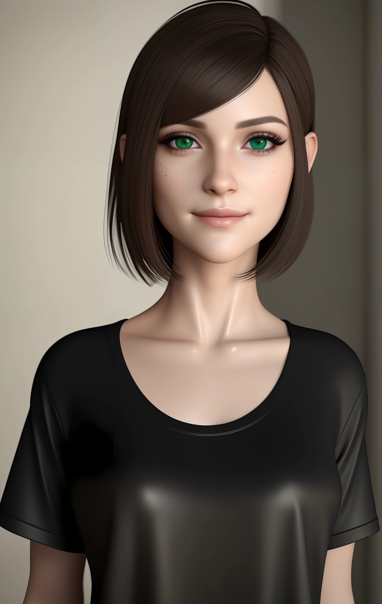 8k uhd, photorealistic, super detailed, detailed face, detailed skin, looking at me, short brown bob, at home, (black T-shirt), emerald eyes, slight makeup, solo, one girl, expressive look, smile, mistress, upper body, natural beauty