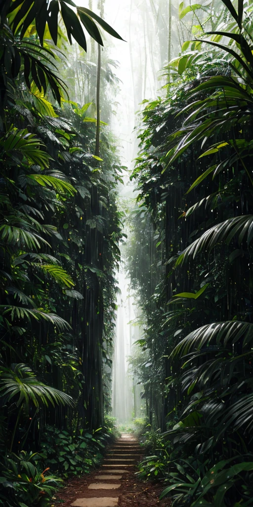 Jungle, heavy rainfall, monochrome, vines everywhere, huge and humid trees, masterpiece, best quality, high quality, very detailed CG unified 8k wallpaper, oil painting, award-winning photography, bokeh, depth of field, HDR, bloom, color difference, realism, very detailed, trends on artstation, trends on CGSociety, intricate, high detail, drama, midjourney art, volumetric lighting