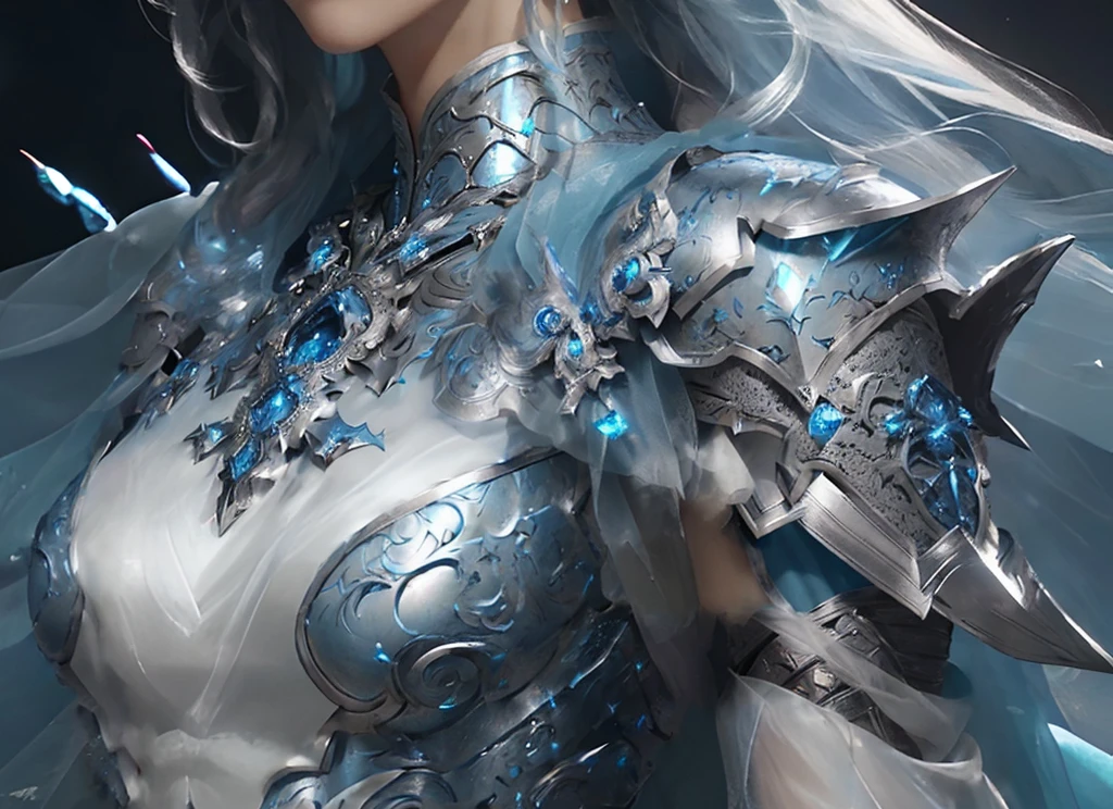 ethereal armor, light blue armor, charms, detailed fantasy armor art, epic detailed armor art, beautiful fantasy armor, 2.5d cgi anime fantasy artwork, stunning character art, 4k fantasy art, highly detailed fantasy art, detailed fantasy digital art, fantasy art style