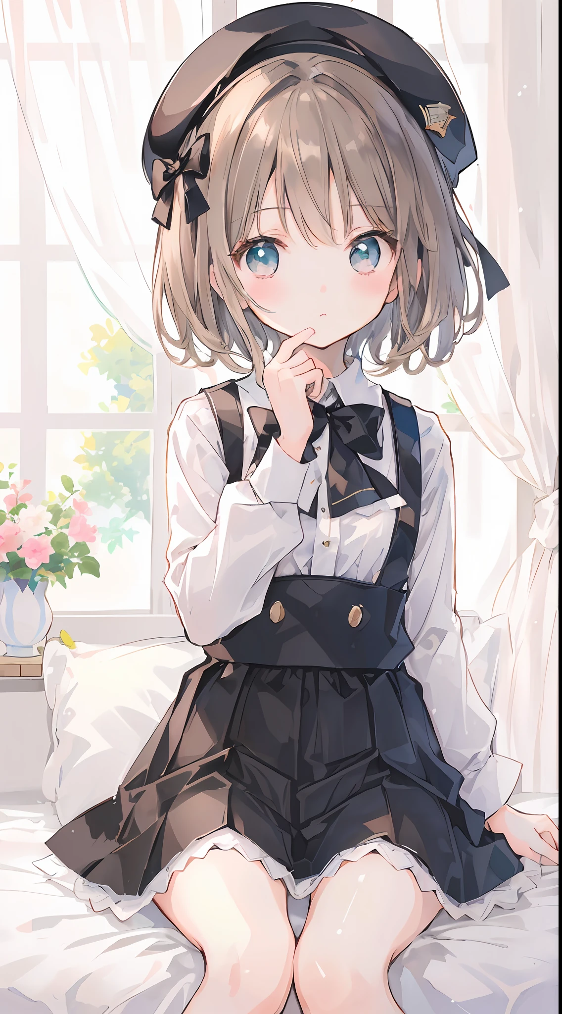 ((best quality: 1.2+ultra-detailed: 1.1+high resolution: 1.1), light brown short hair, black beret, white long-sleeved shirt, black suspender skirt, black bow tie, cute girl, cute, deadpan,( Knee white socks: 0.8), (detailed description: 1.2), exquisite face), white background, cute li