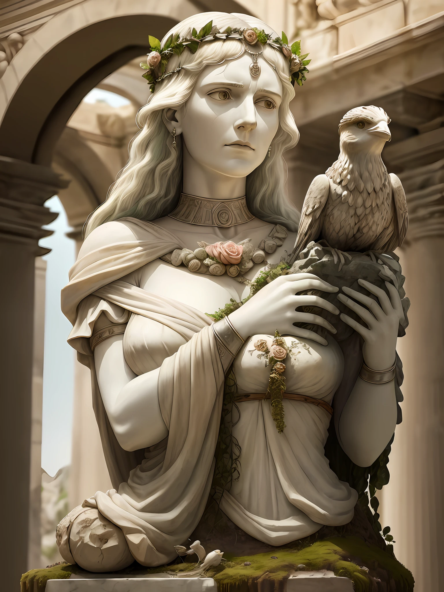 A hyper-realistic statue of a Roman Queen of poisonous plants holding a statue of a petrified rose, very old, ancient dust, and his facial expressions betray deep sadness and overthinking. A background of Roman columns, petrified birds, petrified dry moss, muted and faded colors, to emphasize the seriousness of the scene, dead birds, petrified beetles
