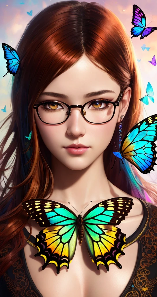 8k portrait of beautiful with colorfull hair, realistic, rounded glasses, skinny, intricate, modern, highly detailed, nerd girl, digital photography, art by artgerm and ruan jia and greg rutkowski surreal painting colorful butterfly filigree, broken glass, (masterpiece, sidelighting, finely detailed brown beautiful eyes: 1.2), hdr,