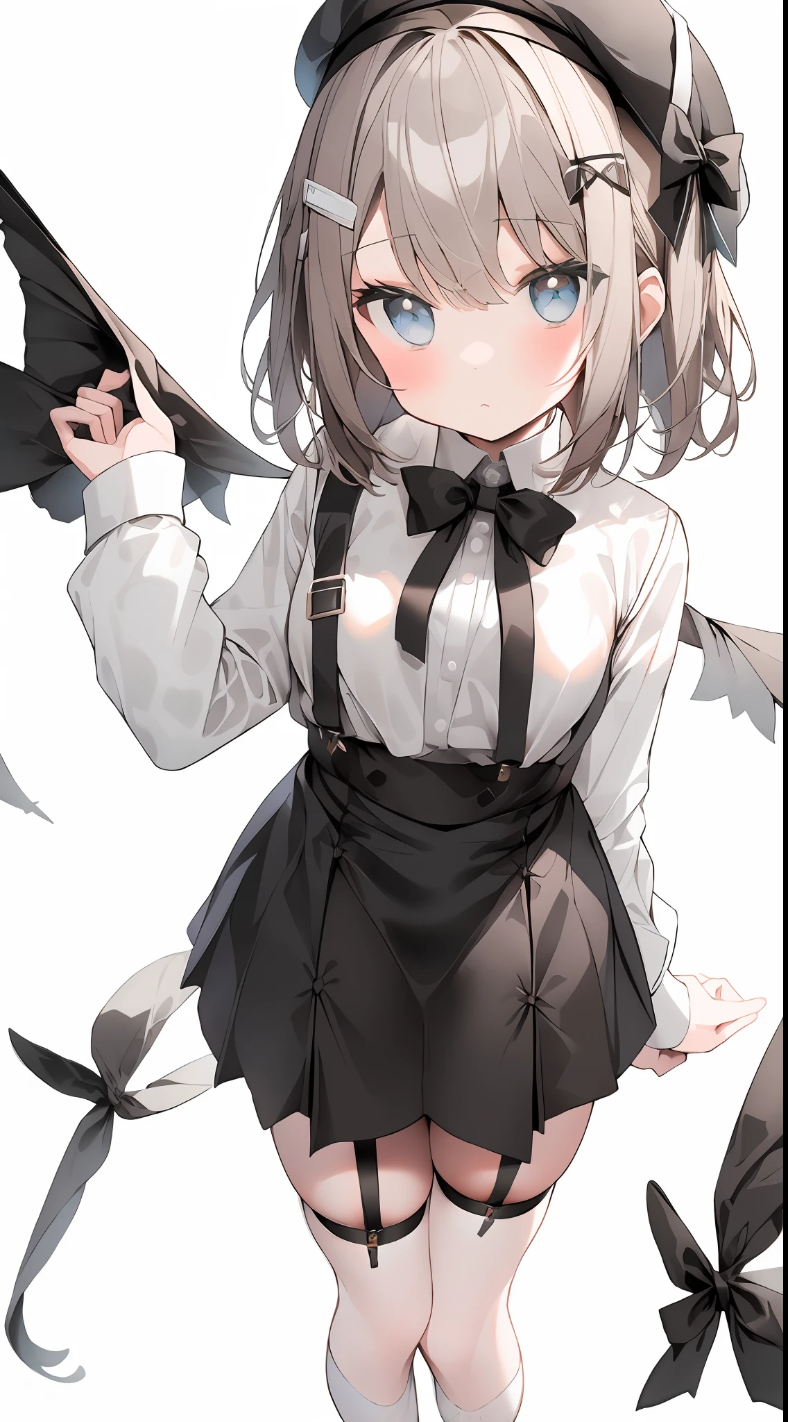 Light brown short hair, black beret, white long-sleeved shirt, black suspender skirt, black bow tie, cute girl, cute, expressionless, (white socks below the knee: 0.8), (detailed description: 1.2), delicate face ), white background, cute little ****