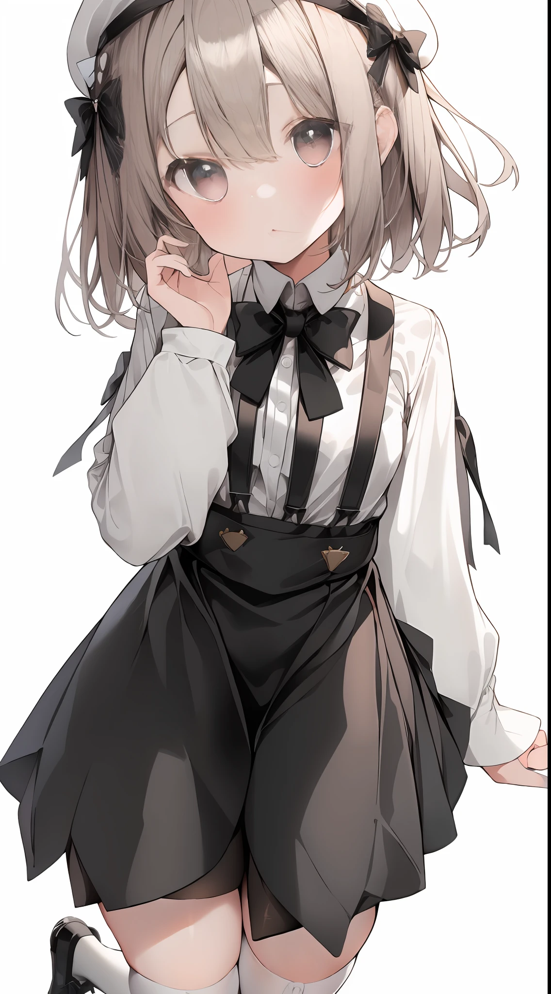 Light brown short hair, black beret, white long-sleeved shirt, black suspender skirt, black bow tie, cute girl, cute, expressionless, (white socks below the knee: 0.8), (detailed description: 1.2), delicate face ), white background, cute little ****