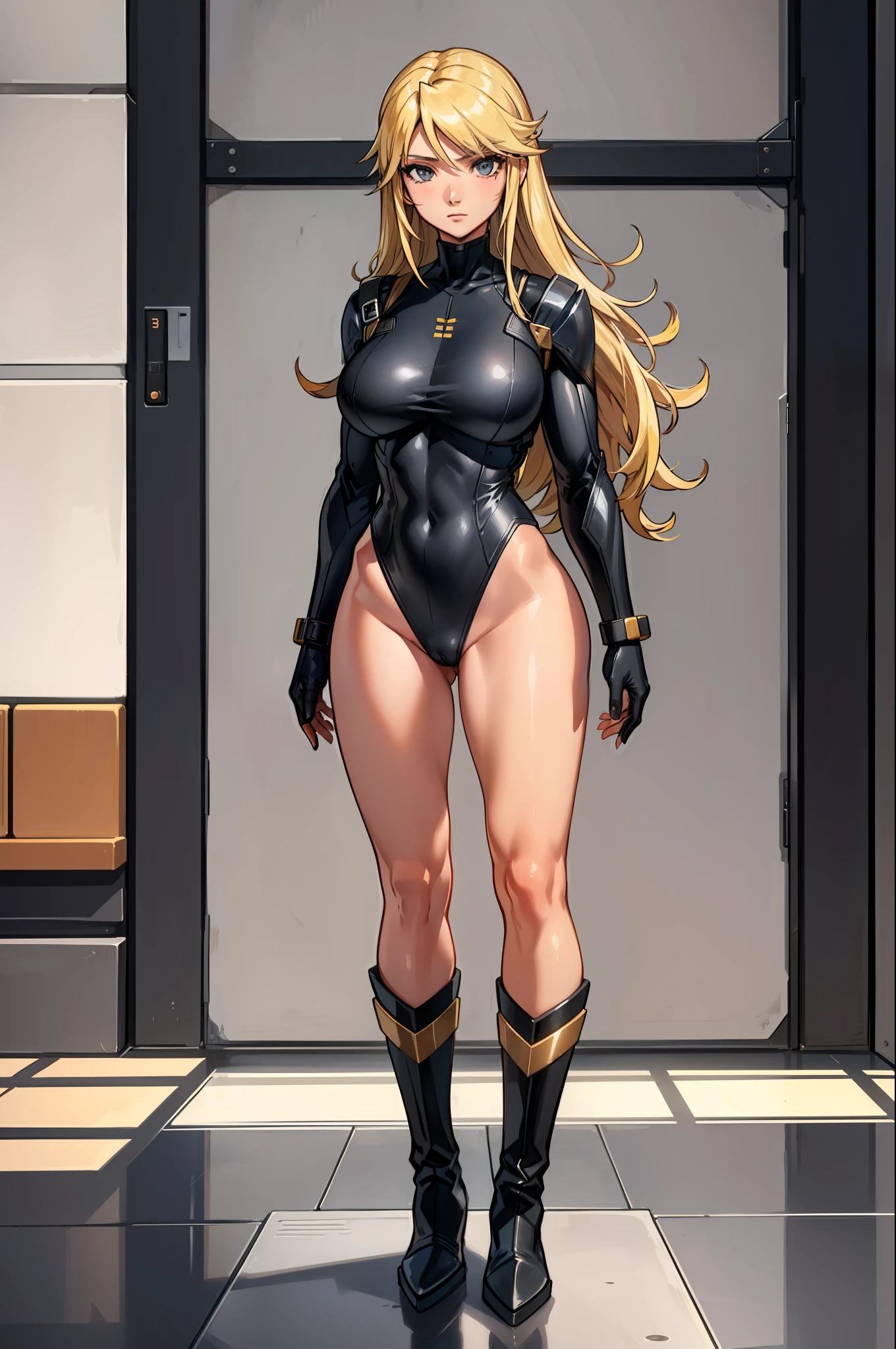 masterpiece, best quality, agrias, grey sweater, black leotard, standing, looking at viewer, blonde hair, superhero, boots