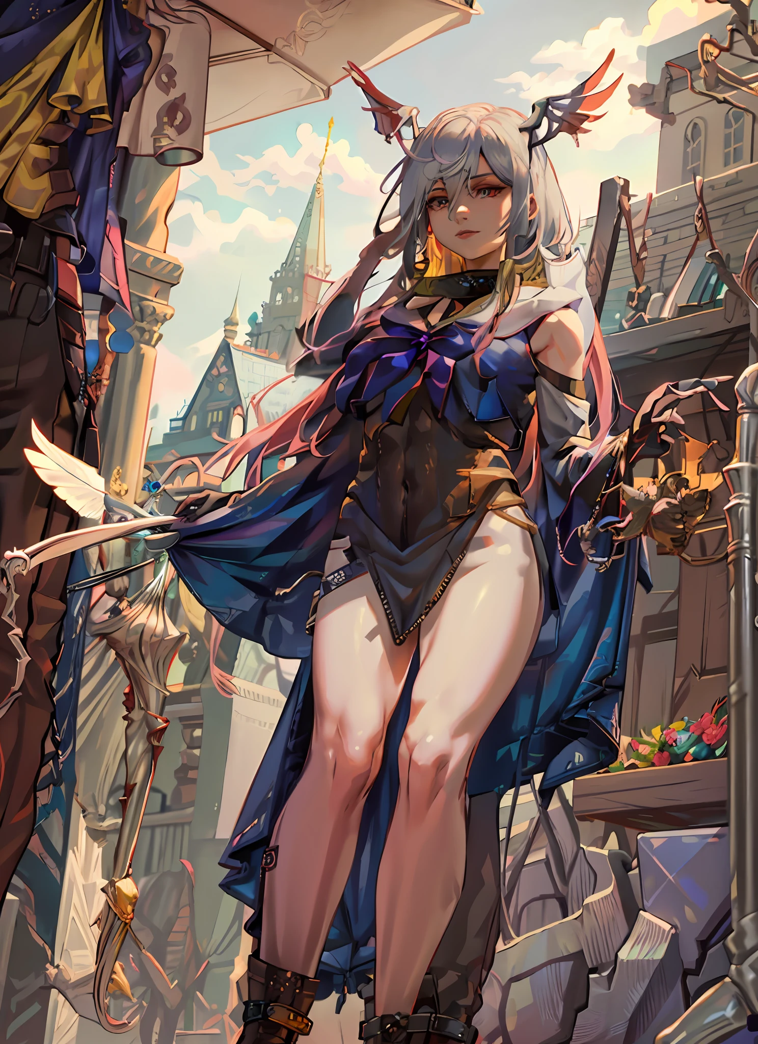 1girl, beautiful, perfect lighting, thighs, female, milf, navel, abs, looking at viewer (masterpiece, high quality:1.1) valkyrie, pale skin, winged helmet, red hair,hawk wings,flying, sky,leg muscles,long hair, elden ring, melenia , scarlet, wings of flowers, golden helmet with wings, dress , golden arm