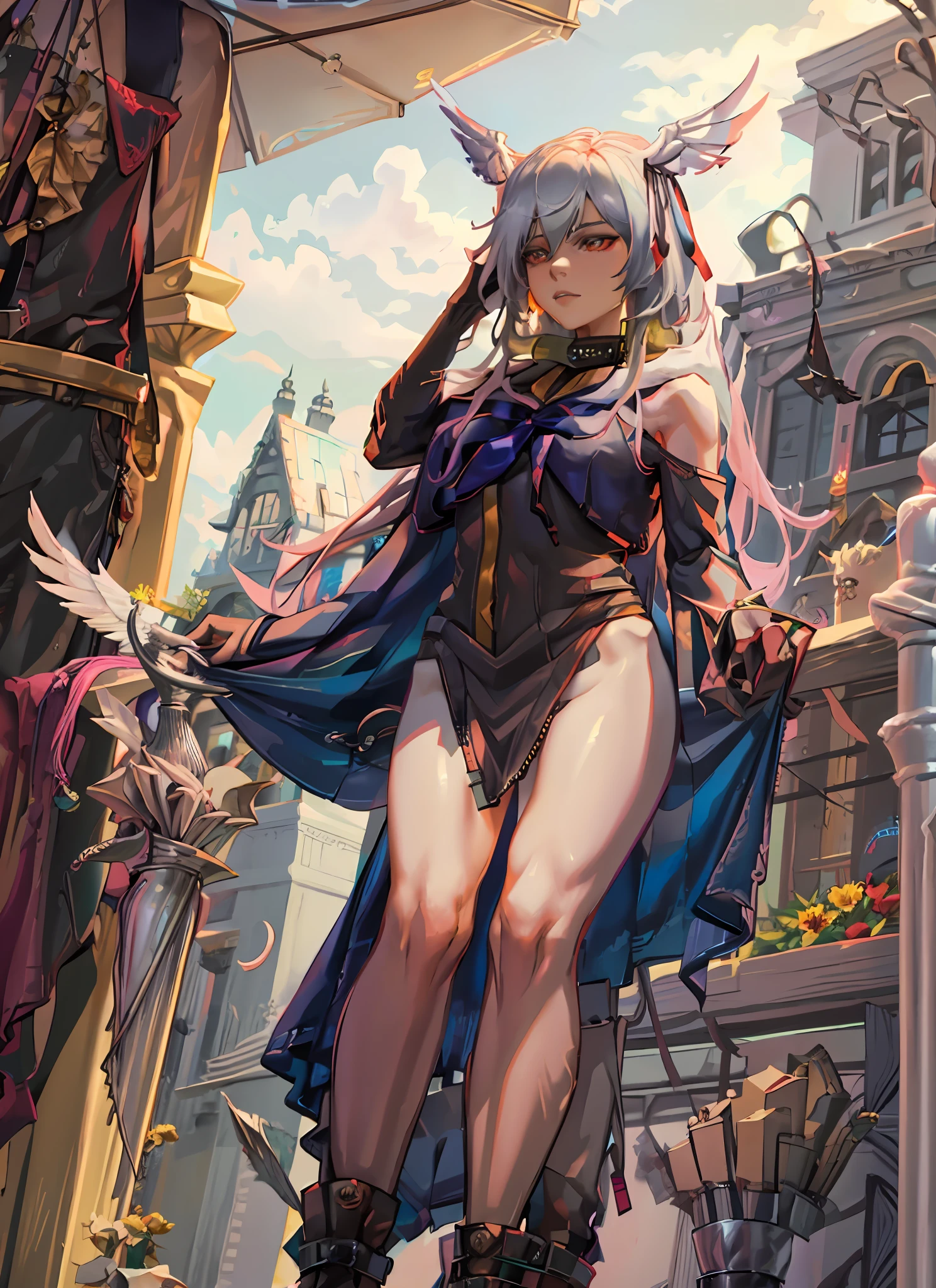 1girl, beautiful, perfect lighting, thighs, female, milf, navel, abs, looking at viewer (masterpiece, high quality:1.1) valkyrie, pale skin, winged helmet, red hair,hawk wings,flying, sky,leg muscles,long hair, elden ring, melenia , scarlet, wings of flowers, golden helmet with wings, dress , golden arm
