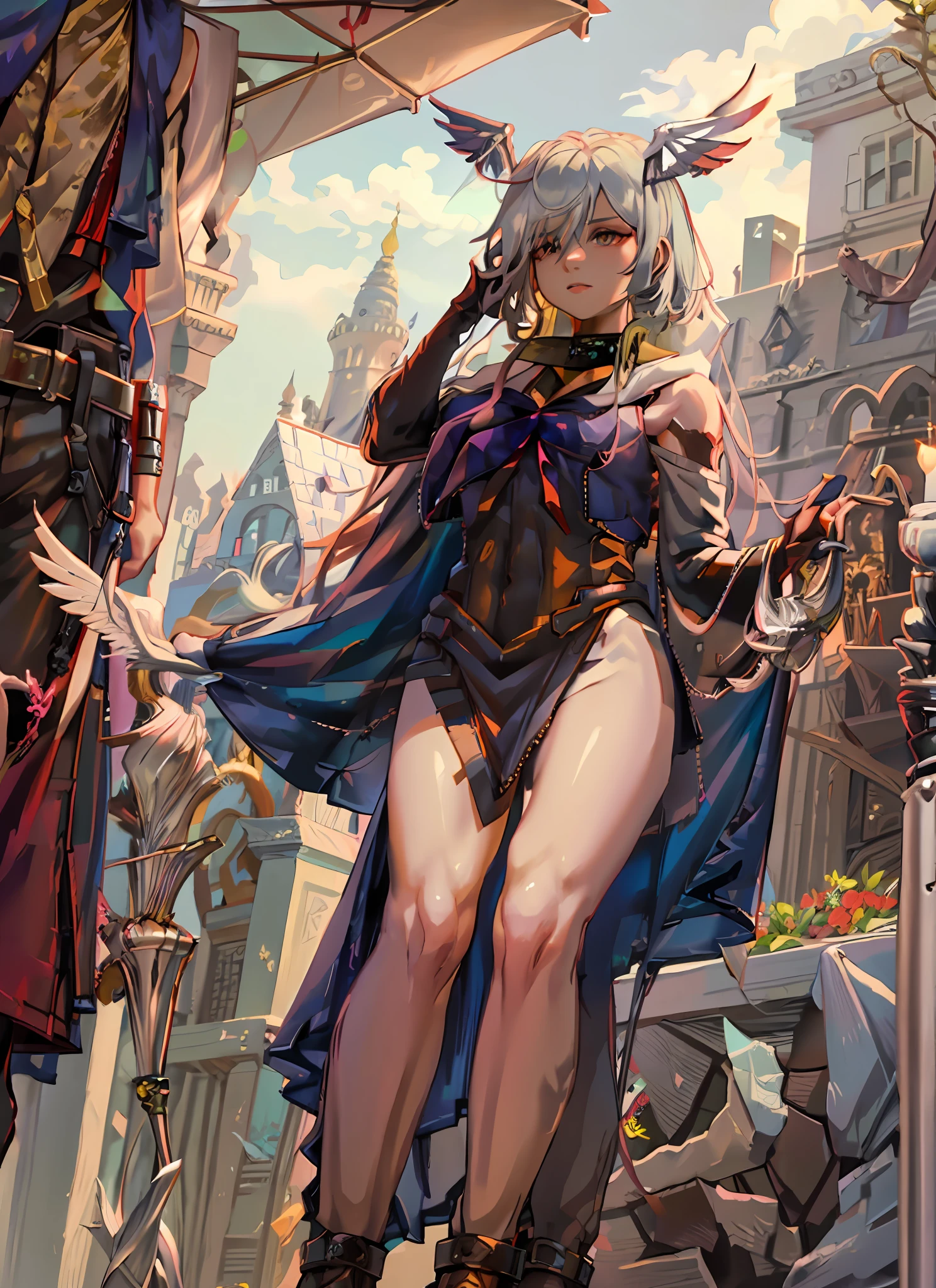 1girl, beautiful, perfect lighting, thighs, female, milf, navel, abs, looking at viewer (masterpiece, high quality:1.1) valkyrie, pale skin, winged helmet, red hair,hawk wings,flying, sky,leg muscles,long hair, elden ring, melenia , scarlet, wings of flowers, golden helmet with wings, dress , golden arm