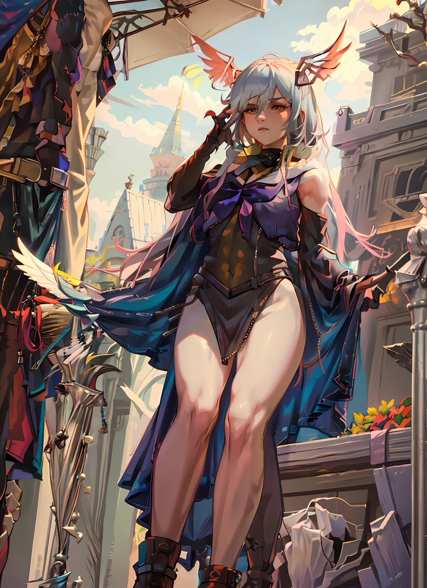 1girl, beautiful, perfect lighting, thighs, female, milf, navel, abs, looking at viewer (masterpiece, high quality:1.1) valkyrie, pale skin, winged helmet, red hair,hawk wings,flying, sky,leg muscles,long hair, elden ring, melenia , scarlet, wings of flowers, golden helmet with wings, dress , golden arm