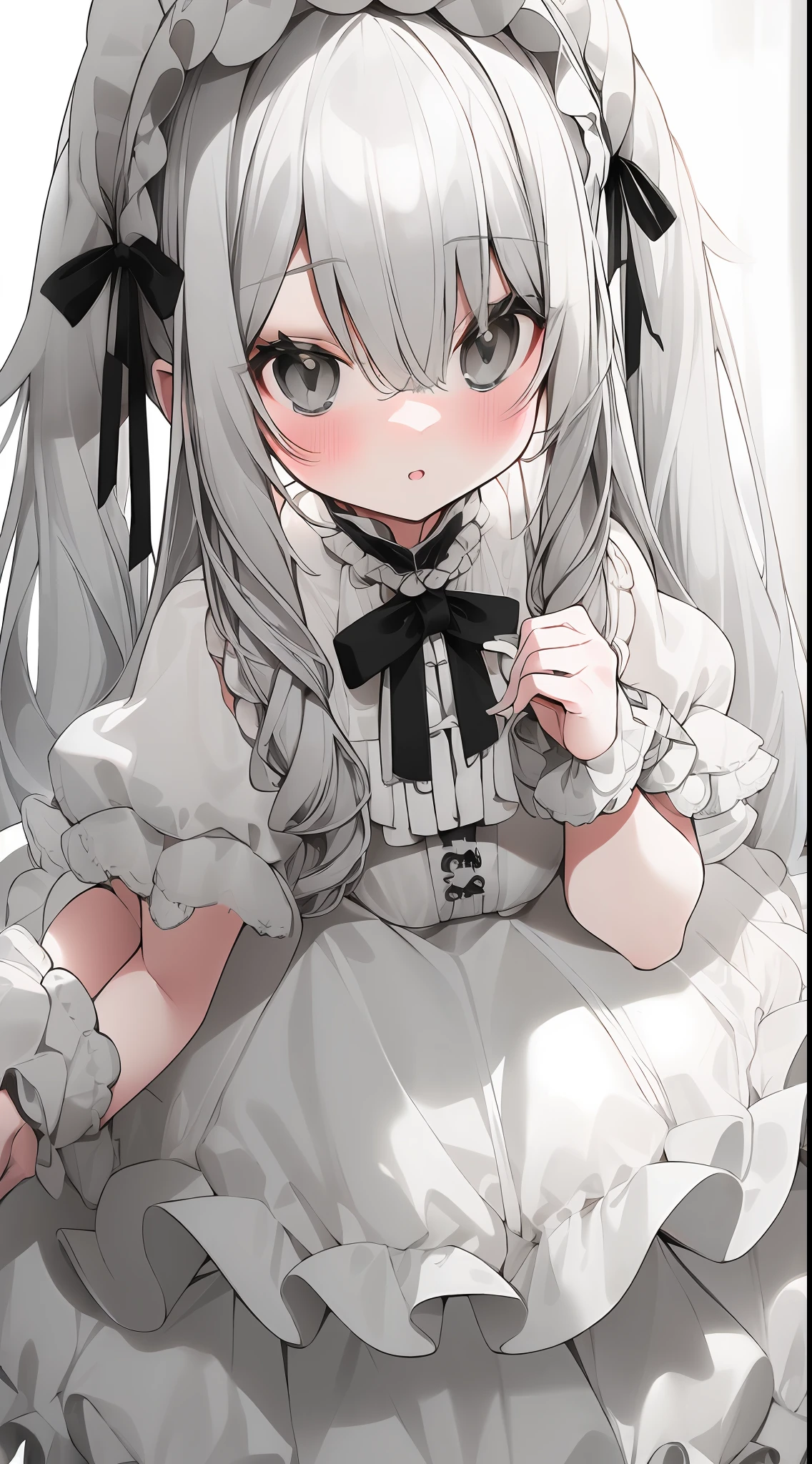 (Grey long hair: 1.2, cute little ****ta), (pure white ****ta + cute cute cute cute cute cute cute cute cute: 1.3), (black eyes + extreme details + exquisite).