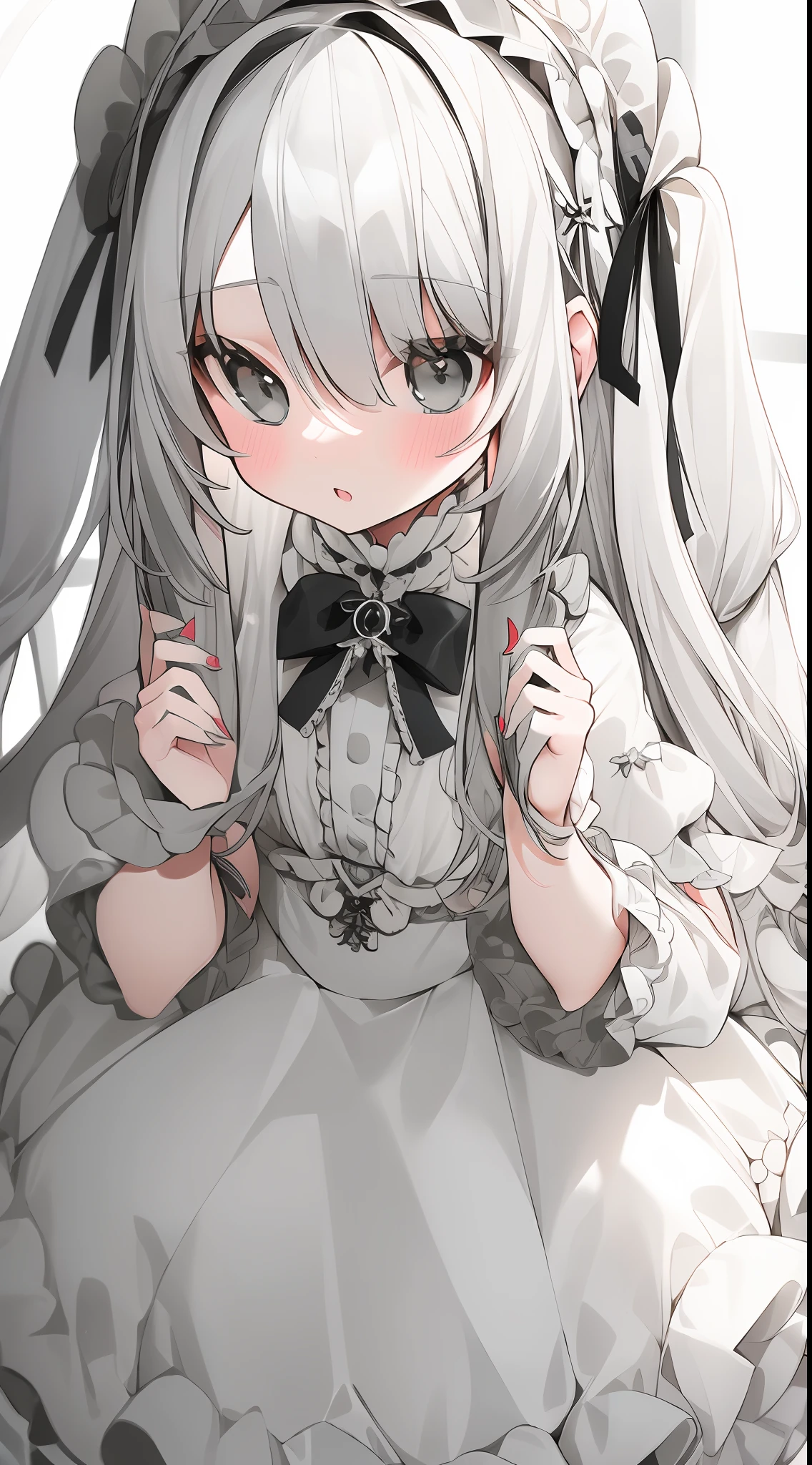 (Grey long hair: 1.2, cute little ****ta), (pure white ****ta + cute cute cute cute cute cute cute cute cute: 1.3), (black eyes + extreme details + exquisite).