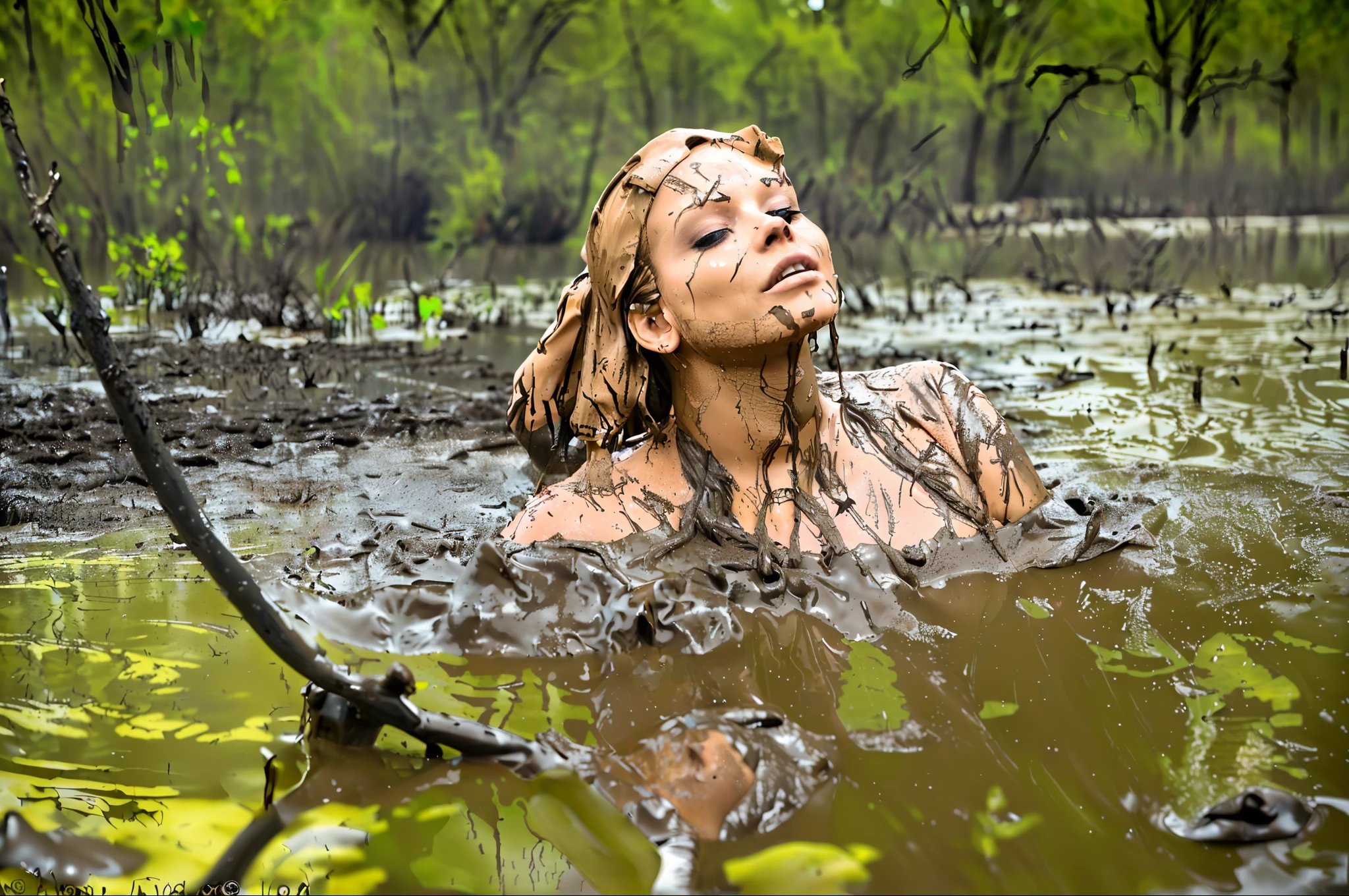 araffe woman in mud covered body in water with trees in background, covered in mud, in a swamp, stuck in mud, her face is covered with mud, her face muddy and sweat, wet mud, flying mud, in a pond, mud, mud on face, bathing inside the tar pit, nymph in the water, gorgeous lady, face covered in mud