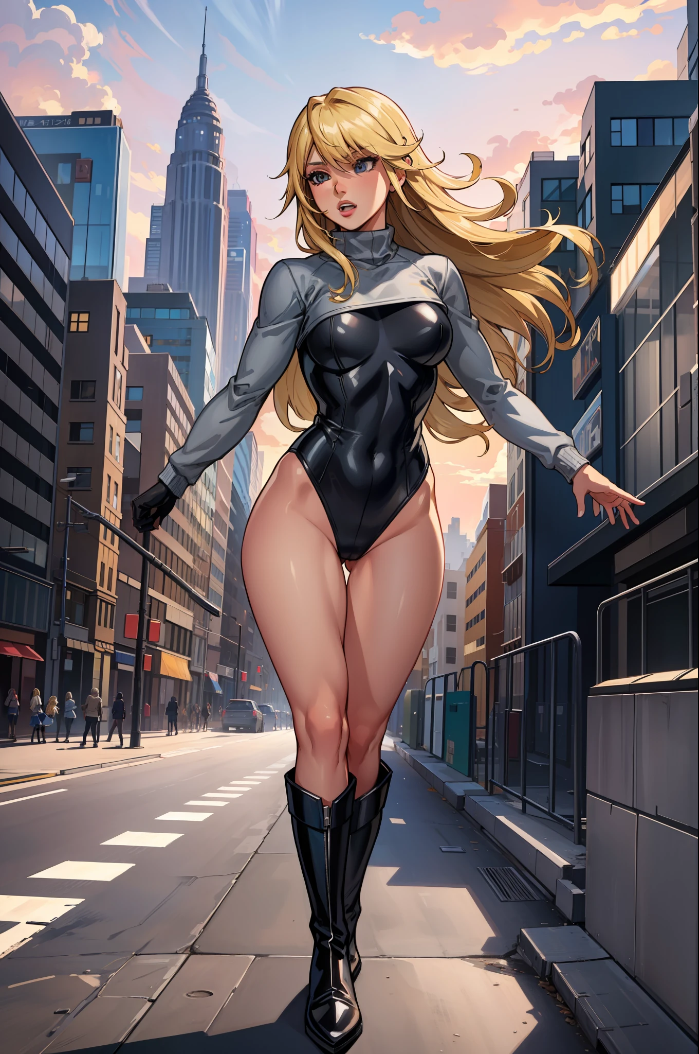 masterpiece, best quality, agrias, grey sweater, black leotard, flying, blonde hair, superhero, boots, city backdrop