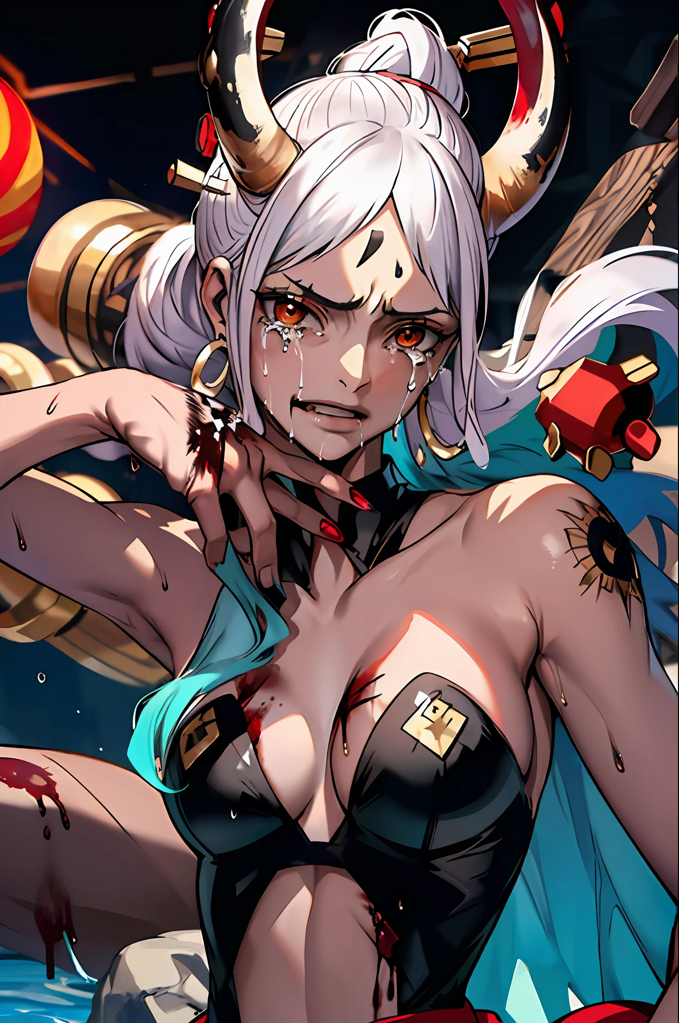 The waist is turned up, the buttocks are raised high, the legs are separated, the knees are kneeling on the ground, the elbows are supported on the ground, the eyes are looking at the audience, and the tongue is stuck out to seduce the audience. There are horns on the head, and there are two red and yellow horns on the head. The ends of the hair are curly. White transparent cheongsam. (Wearing a white transparent fabric cheongsam with an opening on the chest, the highest fabric material, 8k performance of the fabric, rendering by physics engine calculations)::1.96. (high quality, detailed CG art), (beautiful illumination and shadow, floating effect) (1 person) (glossy hair, blue hair: 1.2+white hair: 1.6), when the skin between the chest volume and lower abdomen is moist, drip The falling drops of water and sweat slide down together, sexy and gorgeous, and the static photos convey a dynamic effect. (Extremely detailed, finely crafted, highest quality, strong mirror reflection in the bikini, clear latex texture) The woman's body is beautiful, extremely sexy, glamorous, full of temptation, and the transparent texture of the leggings is just right. My eyes lit up. ((NSFW, low saturation))((oily skin)),((droplets of water on the skin)),((??????)):1.6. The body is moist and shiny, the body is moist and shiny, the body is moist and shiny, bigger breasts, bigger ass. ((masterpiece)), best quality, ultra-detailed, highly realistic, the whole body is wet, bathed in the rain, every sweat bead is clearly visible. (Masterpiece:1.6), (best quality:1.5), ultra highres,1girl, extremely detailed,8k, beautiful, detailed eyes, looking at viewer, strong dark colors, (depth of field), (dynamic), (epic), Sharp Focus, (Complicated Details: 1.86), Full Color, Nano\(One Piece\), Bangs, Strapless, Belt, Gold Striped Transparent Heart Nipsticks, Blue Sky, Bracelet, Breasts, (Orange Eyes: 1.72), Bubbles , cleavage, clouds, daytime, earrings, flowing hair, blue transparent heart ?????? stickers, groin, obvious vest line, jewelry, big breasts, long hair, belly button, orange hair, clear latex pants, shoulder tattoo, collarbone Obvious, sky, smiling, single, standing, obscene tattoos on the abdomen, only ?????? stickers on the upper body, tattoos, pirate ship, (one piece), (strength: 1.4), ((whole body)), wet and shiny body, (nsfw: 1.99), (RAW photo: 1.2), (photorealistice: 1.4), (masterpiece: 1.3), (best quality: 1.4), (ultra high resolution, HDR, 8k resolution), (high resolution texture). (light, dramatic lighting, high contrast). Here is a stylish glamor shot of a beautiful vampire goddess sleeping in bed with intricate ornaments. She is covered by a sheet. 1 Bare breasts, bare belly, bare genitals, pubic hair trimmed. (((profuse sweating, skin indentations in great detail)), ((((crying, blood dripping)), (((angry face))), (((perfectly symmetrical face))).((( (Black flared hair. Intricate lamp head wear)))), (((((Intricate red jewels with gold elements)))). Perfect small butt. Thin thighs. Big boobs, perfect slim body , perfect long legs, delicate hands, perfect fingers