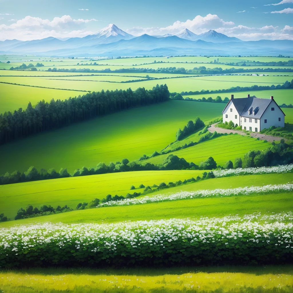 masterpiece,best quality,Fields, blue sky,Trees, fields, cottages,white flowers, distant mountains