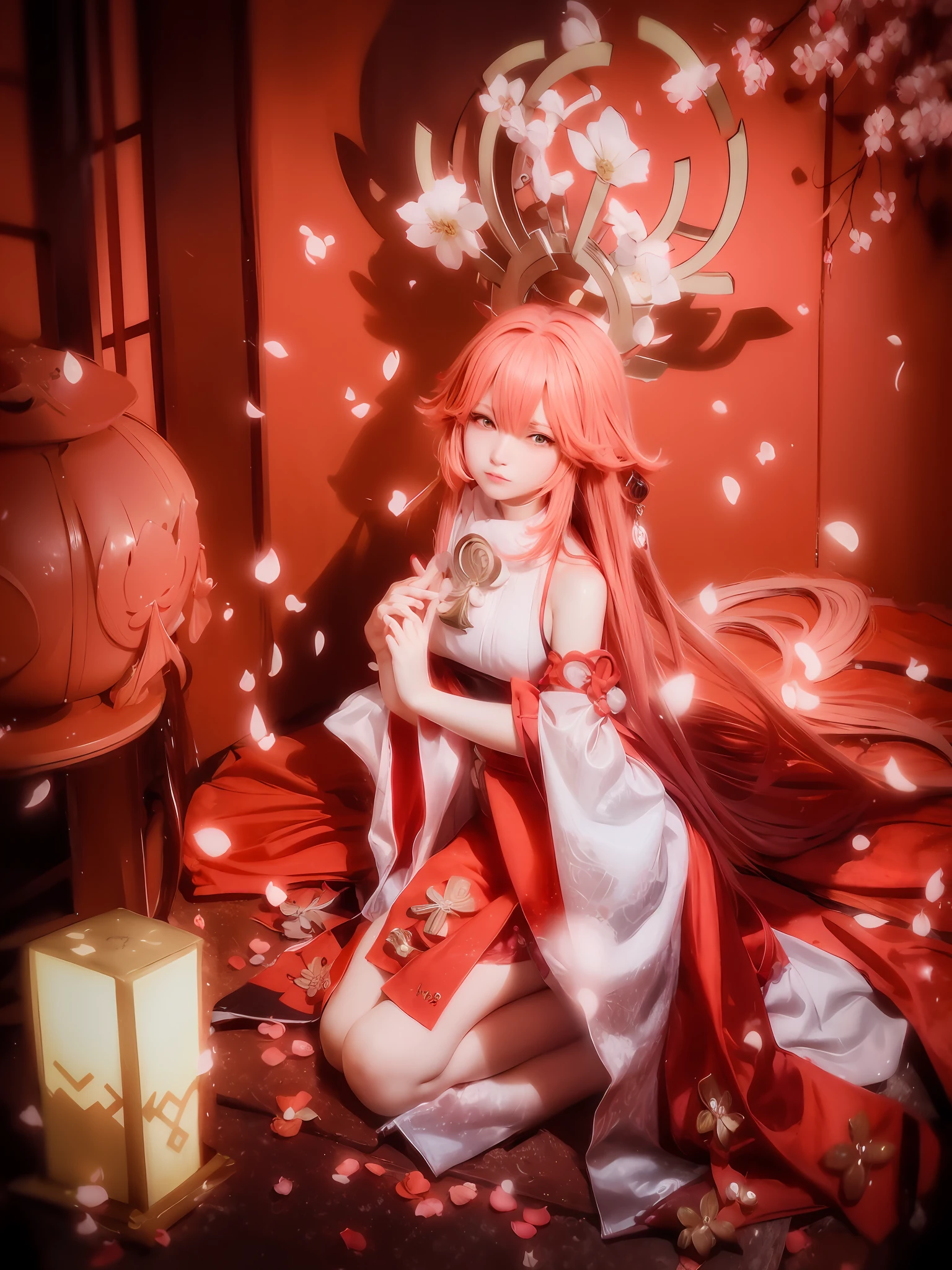 Anime style woman wearing red and white dress, holding red umbrella, sakura petals around her, ayaka harashin influence, ayaka hara shin influence, kinomoto sakura, anime girl cosplay, keqing from genshin , onmyoji, best anime 4k konachan wallpapers, haruno sakura, from azur lane video game, five fingers, staring at the audience, light and shadow, masterpiece, big boobs, belly