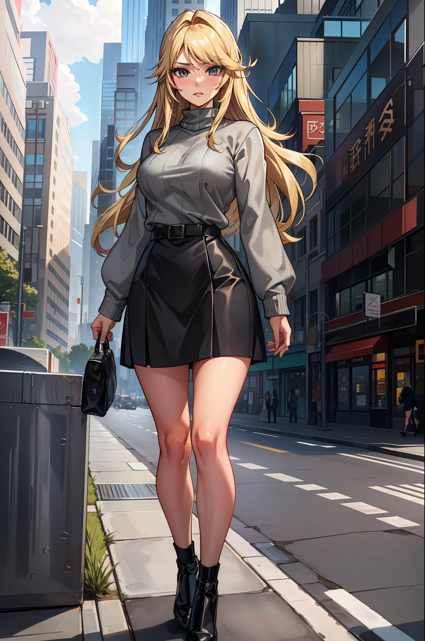 masterpiece, best quality, agrias, grey sweater, black skirt, standing, looking at viewer, blonde hair, city backdrop