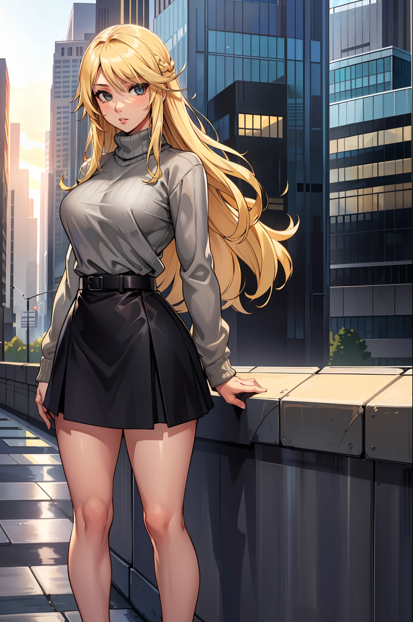 masterpiece, best quality, agrias, grey sweater, black skirt, standing, looking at viewer, blonde hair, city backdrop
