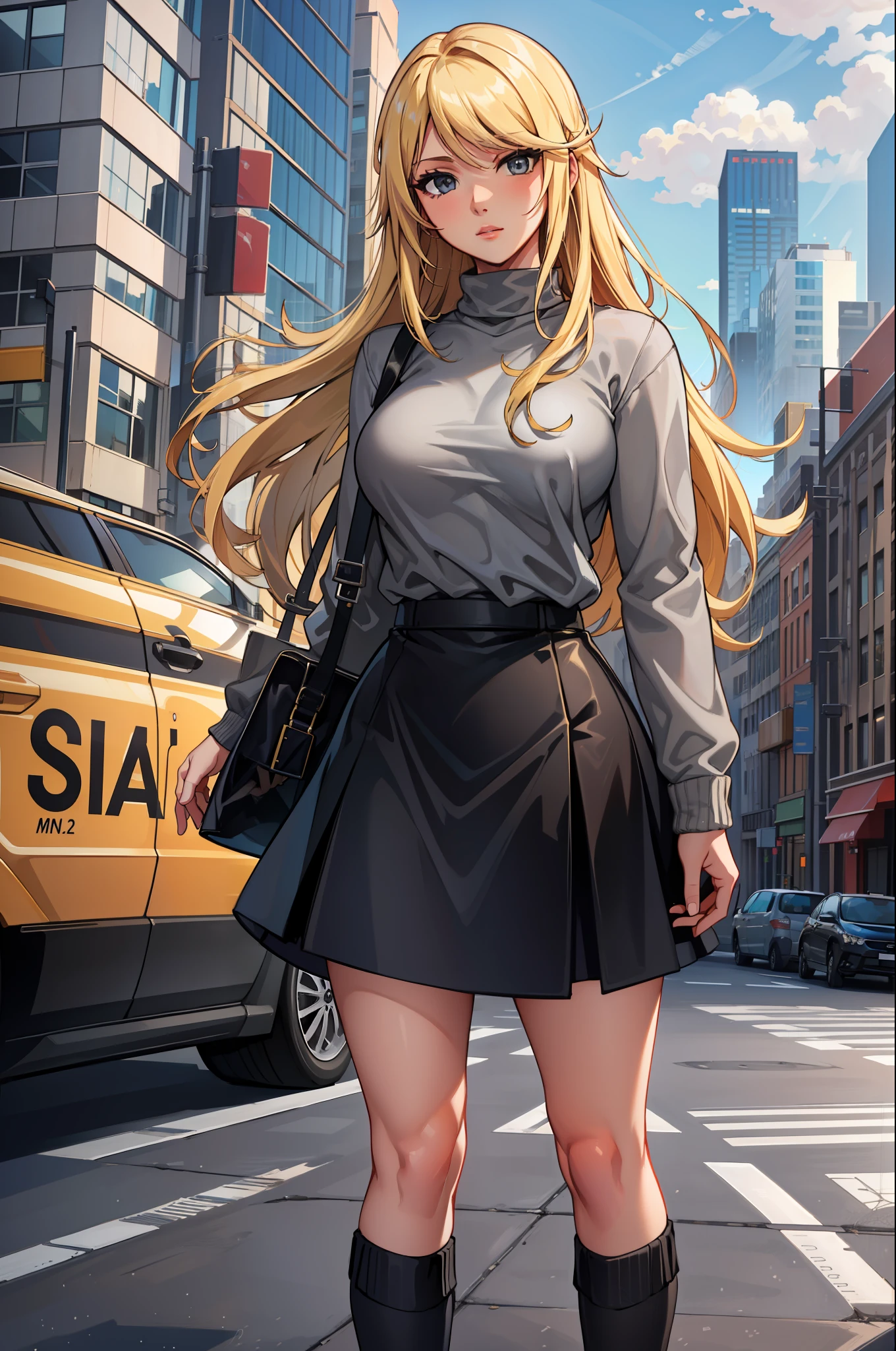 masterpiece, best quality, agrias, grey sweater, black skirt, standing, looking at viewer, blonde hair, city backdrop