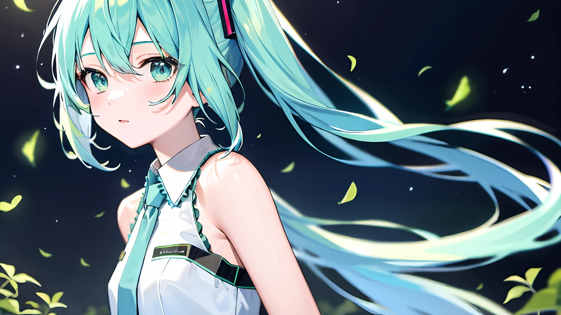 detailed background, masterpiece, best quality, 1girl, hatsune miku, a forest full of to blue-green colour, fireflies, water, blue-green theme, white theme, mystical, magical,