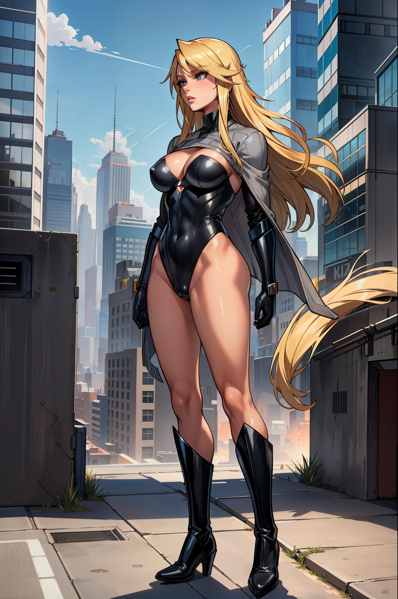 masterpiece, best quality, agrias, grey sweater, black leotard, transform, blonde hair, superhero, boots, city backdrop