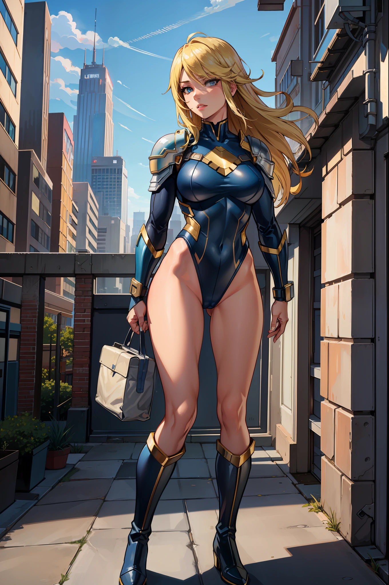 masterpiece, best quality, agrias, leotard, standing, looking at viewer, blonde hair, superhero, boots, city backdrop