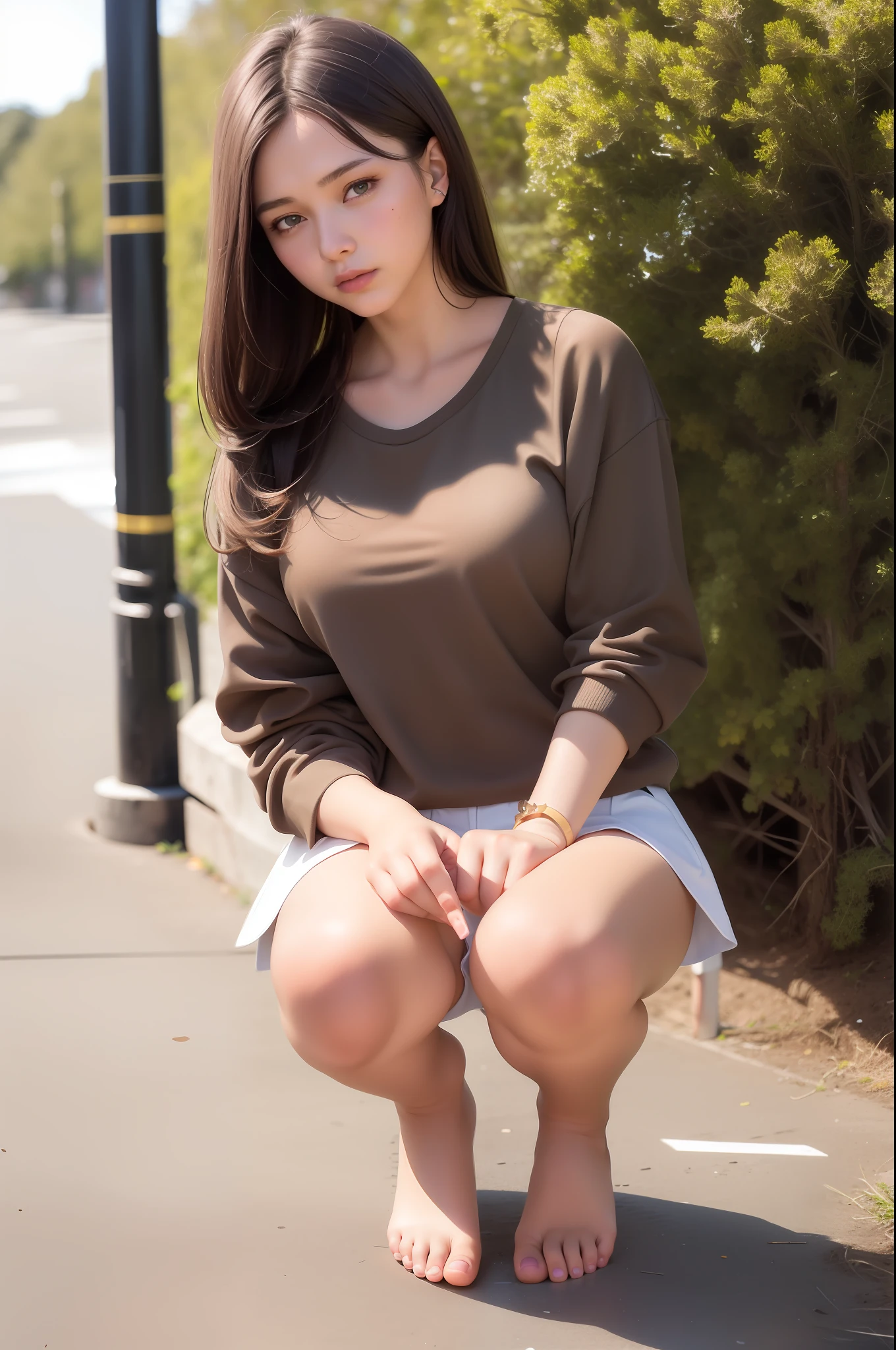 best quality, masterpiece,  (realistic:1.2), 1 girl, 18 years old,brown hair, brown eyes,Front, detailed face, beautiful face, pure face, beautiful eyes, miniskirt, half squat, nice thigh, nice legs, barefoot, perfect anatomy, sport shirt, look at viewer