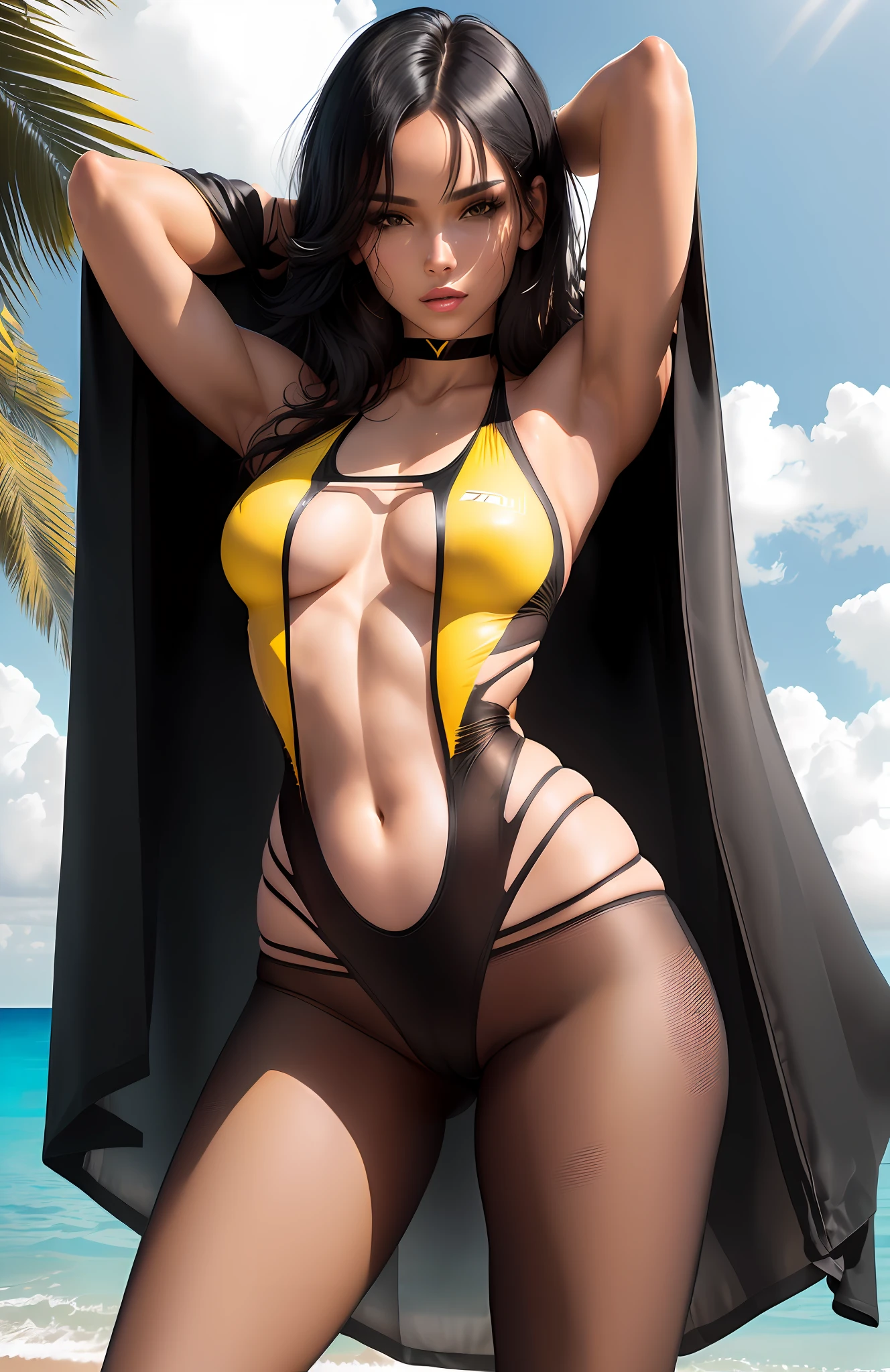 sexy ripped woman in short black bikini very transparent and black pants posing for a photo, black and yellow, wearing one piece swimsuit, yellow and black, malika favre, by Mathias Kollros, by Julia Pishtar, black bikini, modeling photography, olivia de bernardinis, by steven belledin, alina ivanchenko, warm and sunny