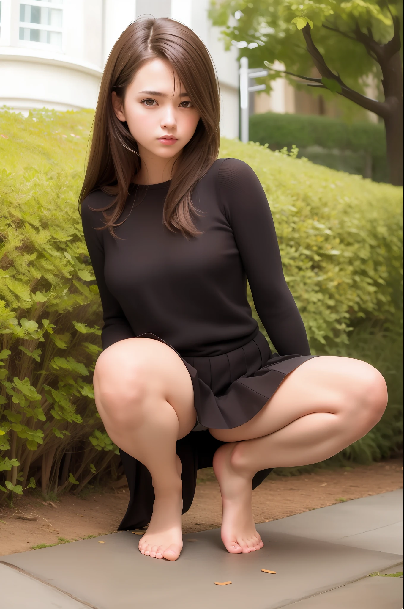 best quality, masterpiece, (realistic:1.2), 1 girl, brown hair, brown eyes,Front, detailed face, beautiful face,beautiful eyes, miniskirt, half squat, nice thigh, nice legs, barefoot, perfect anatomy