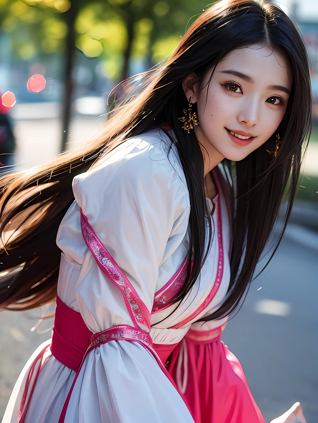 (8k, Best Quality, Masterpiece: 1.2), (Realistic, Photorealistic: 1.37), Super Detailed, Best Quality, Super High Resolution, Professional Lighting, Photon Mapping, Radiosity, Physically Based Rendering, Cinematic Lighting , pedestrian zone, raining depth of field, sharp focus, sun rays, good composition, (bokeh: 1.2) one girl, solo, (close-up view), beautiful detailed eyes, smile, pose , thin waist, medium bust, (random colorful clothes), black hair, messy hair, long hair blowing in the wind(ulzzang-6500:1.2)