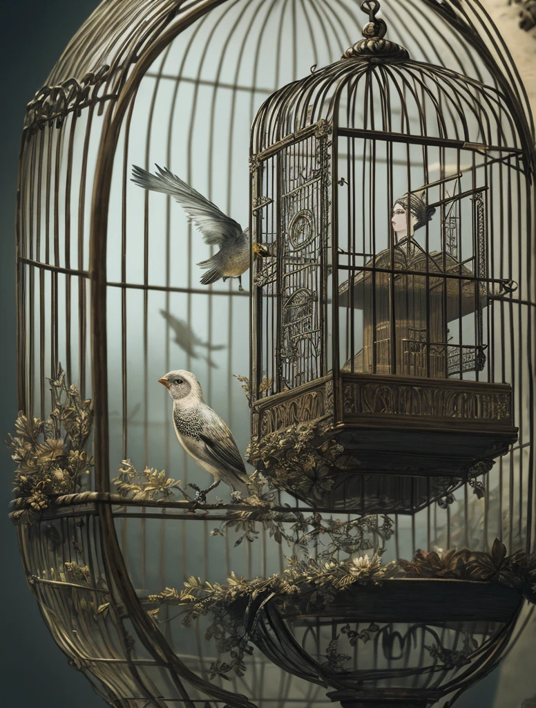 woman in bird cage, concept art, extremely detailed, photorealistic, Intricate, High Detail, dramatic