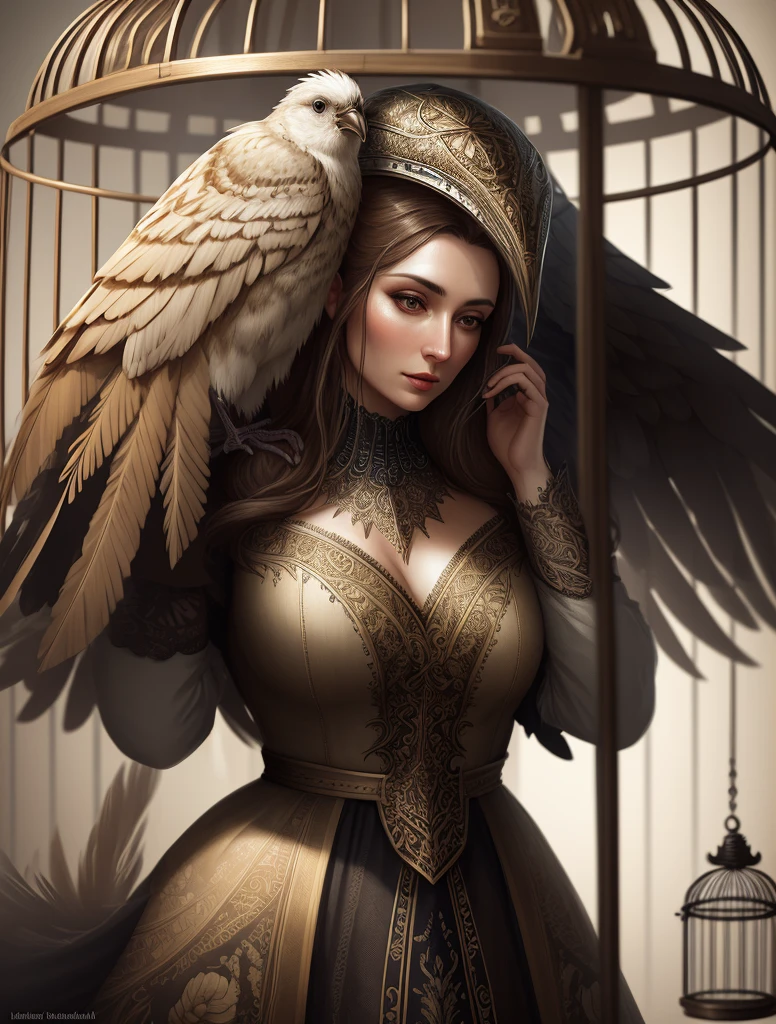 woman in bird cage, concept art, extremely detailed, photorealistic, Intricate, High Detail, dramatic