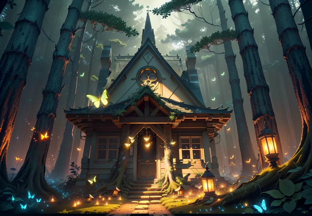 Masterpiece, best quality, (very detailed CG unity 8k wallpapers), (best quality), (best illustrations), (best shadows), vraveyard. Tall trees, stones, glowing little mushrooms, surrounded by rockes and bones,an abandoned church, red, mist, dark, night, moon, blood, with fireflies and glowing particle effects,, (natural elements), (jungle theme), (leaves), (branches), ( fireflies), butterflies, (delicate leaves), (glow), (particle effects). , isometric 3D, Octane rendering, ray tracing, super detailed