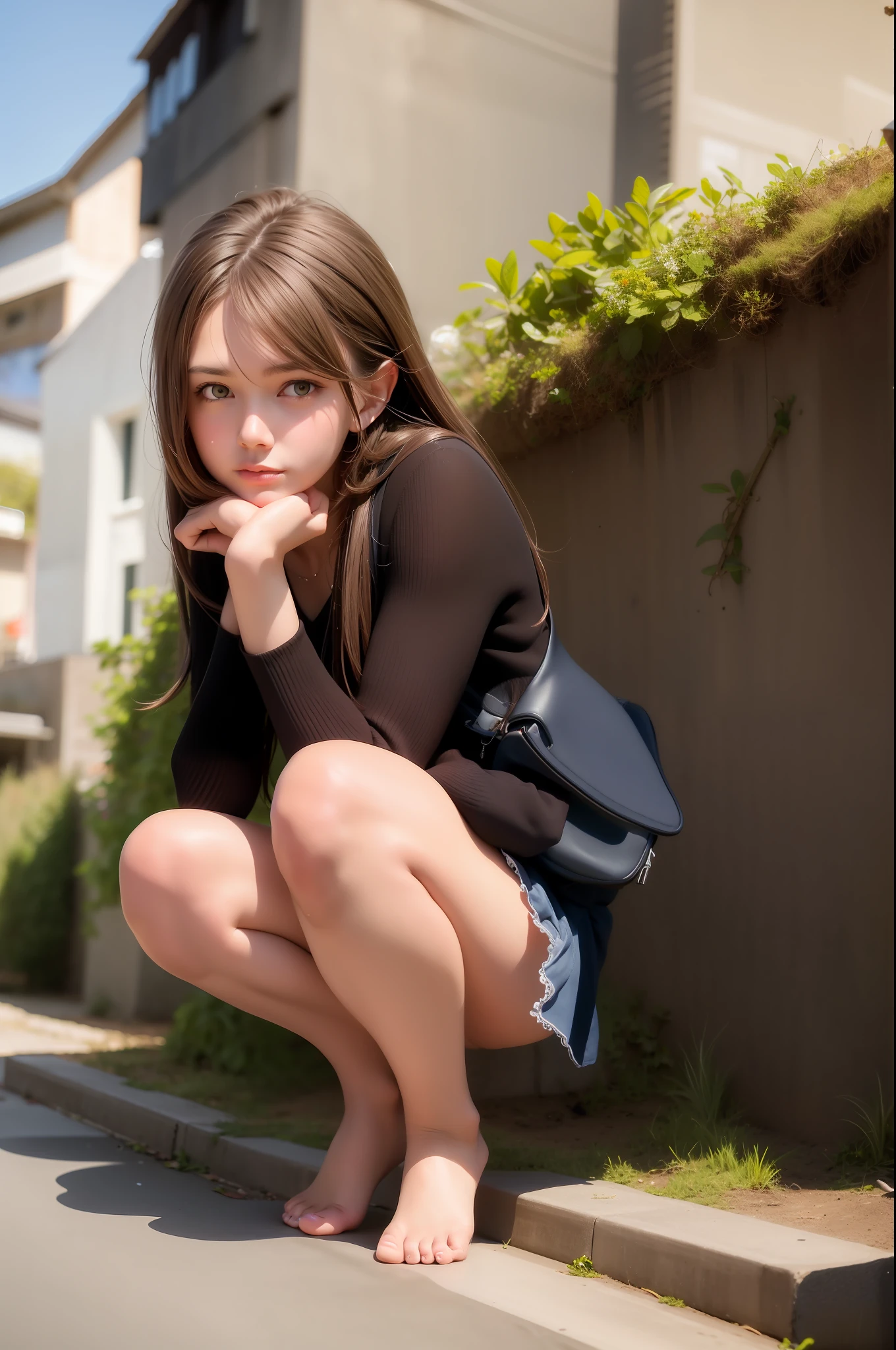 best quality, masterpiece,  (realistic:1.2), 1 girl, brown hair, brown eyes,Front, detailed face, beautiful eyes, miniskirt, half squat, nice thigh, nice legs, bbarefoot