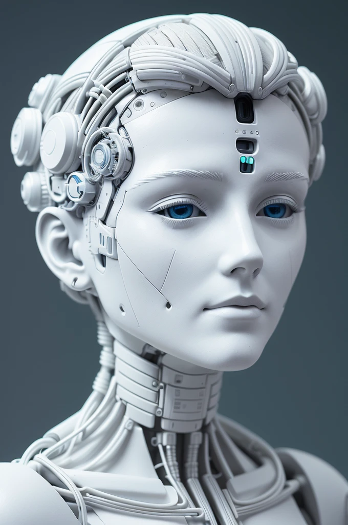 electronic system on head humanoid |cyborg woman| with a visible detailed brain| with a visible detailed heart| muscles cable wires| biopunk| cybernetic| cyberpunk| white marble bust| canon m50| 100mm| sharp focus| smooth| hyperrealism| highly detailed| intricate details| carved by michelangelo