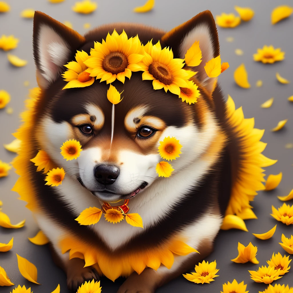 (en) [(shiba inu dog), (ring of sunflower petals), (around face), (vibrant colors), (minimalistic style)]