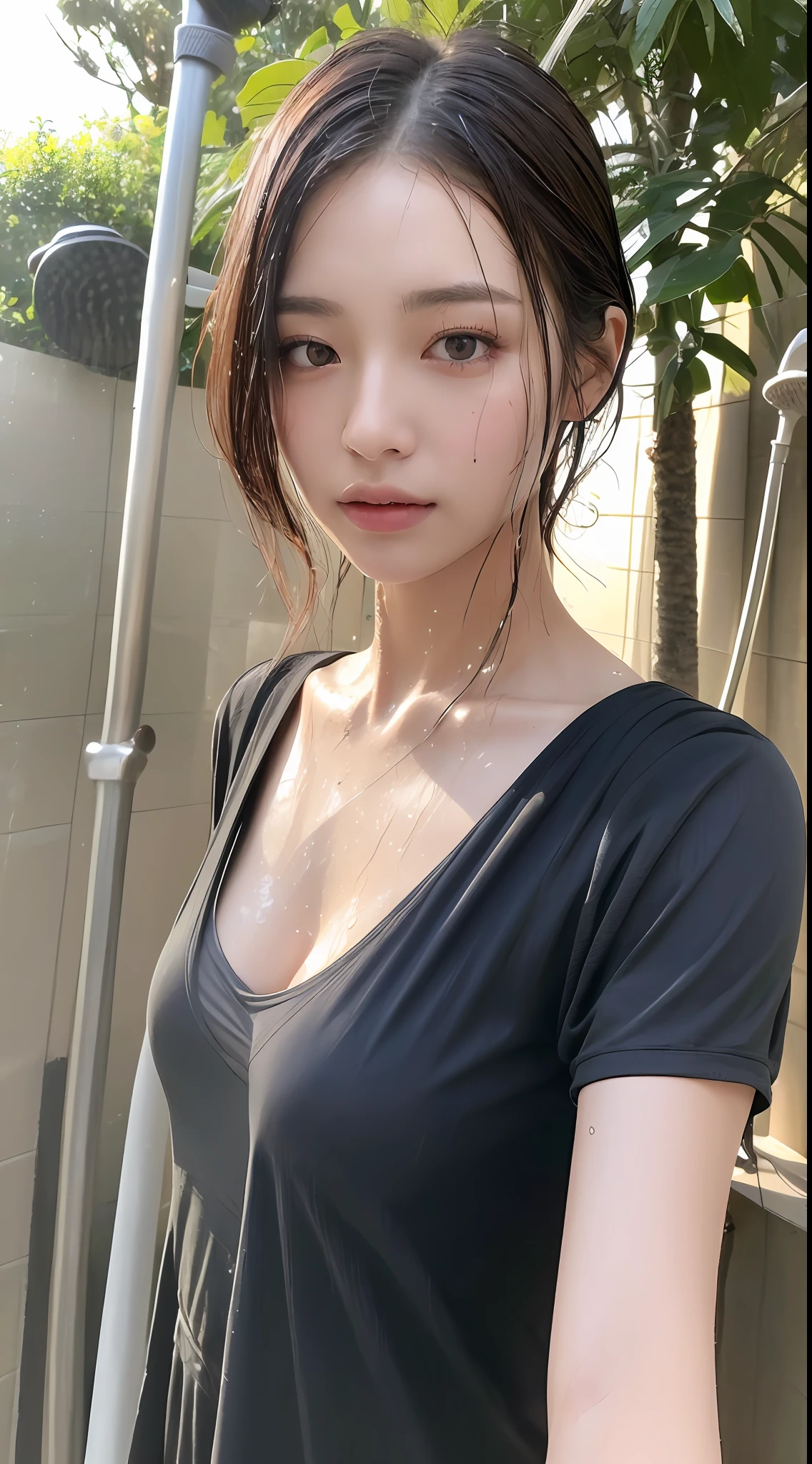 (Best quality, 4k, Masterpiece :1.3), glamorous Japanese woman, 1girl, (skinny, perfect body :1.2), medium-short hair: 1.1, (outdoor shower, wet clothes :1.2), selfie, ultra-detailed face, detailed lips, detailed eyes, double eyelid