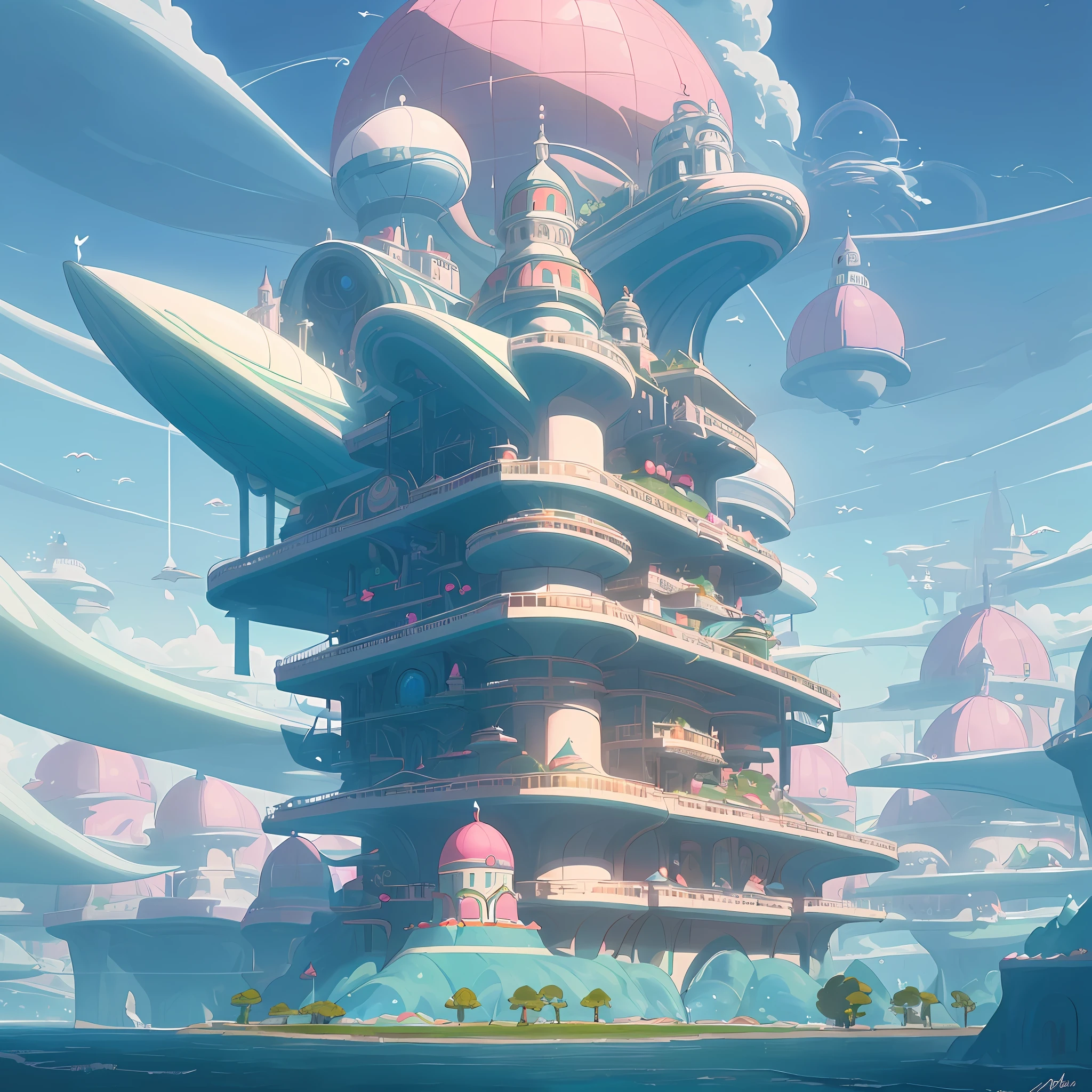 A whimsical and outlandish image of a future world, captured in Wes Anderson's signature style with high saturation colors. The world is populated by fantastical and unusual architecture, with towering spires and bulbous domes painted in bright pinks, greens, and blues. The buildings are designed in a symmetrical layout that creates a sense of order and balance in the bustling metropolis.

The sky is filled with airships and flying cars, moving in a sublime, labyrinthine pattern that defies the imagination. AI-driven robots in sleek white hover around, delivering parcels, while giant, luminescent sea creatures made of plastic float slowly through the sky, mimicking an underwater landscape.

The colors in this utopia are rich and bold, with soft pink and blue contrasting against vivid greens and yellows. The building and the air corridors are painted in vivid and bold hues with lollipop stripes, adding an element of drama and whimsy to the image.

Overall, the image