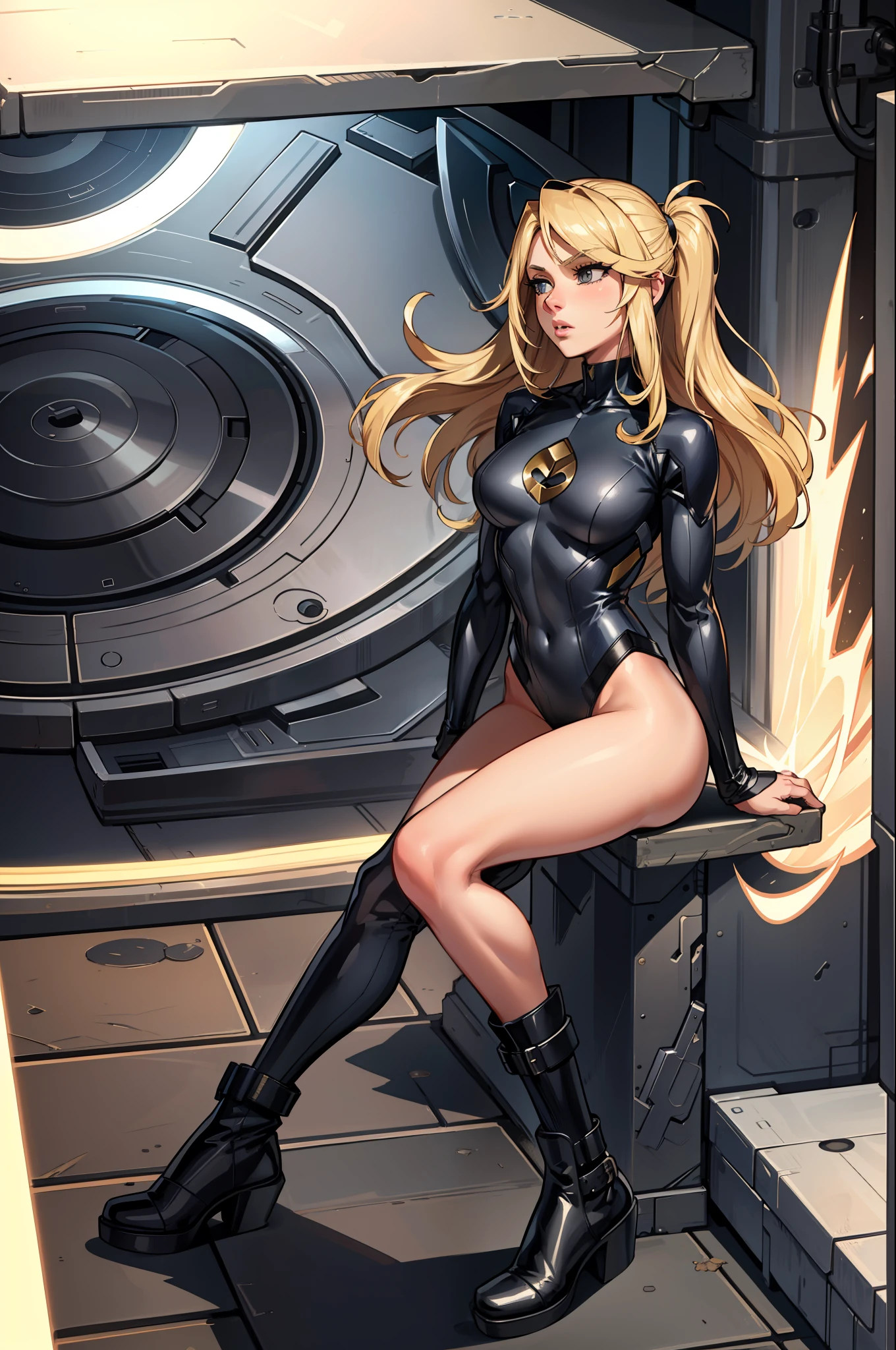 masterpiece, best quality, agrias, grey sweater, black leotard, twirling, blonde hair, superhero, boots, tornado, whirlwind, solo, bare legs