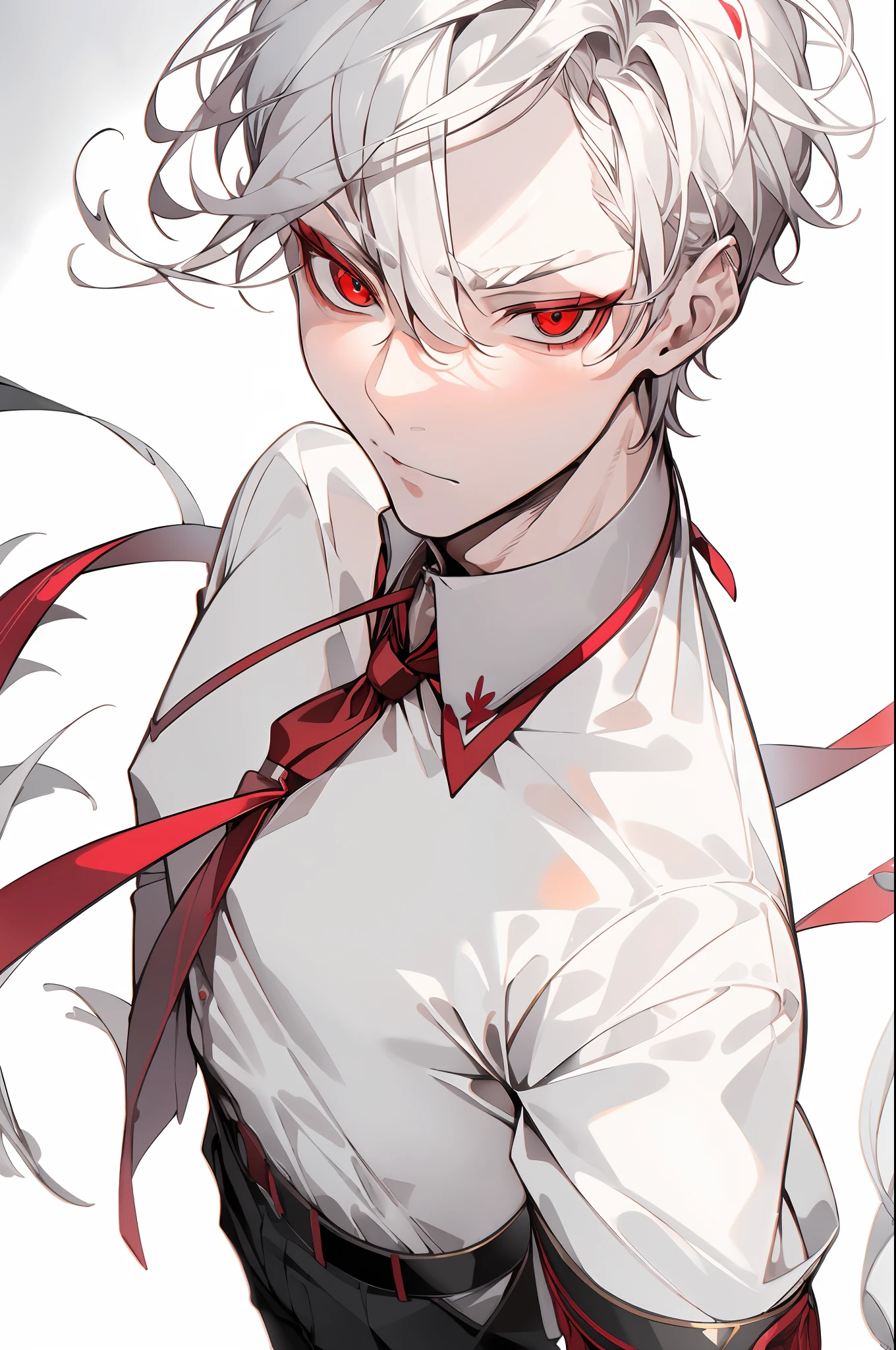 Adult male, short white hair, gentle, (broad shoulders: 1.4, red eyes, handsome man, eyelashes, school uniform, beautiful boy, two-dimensional, close-up, gentle, handsome