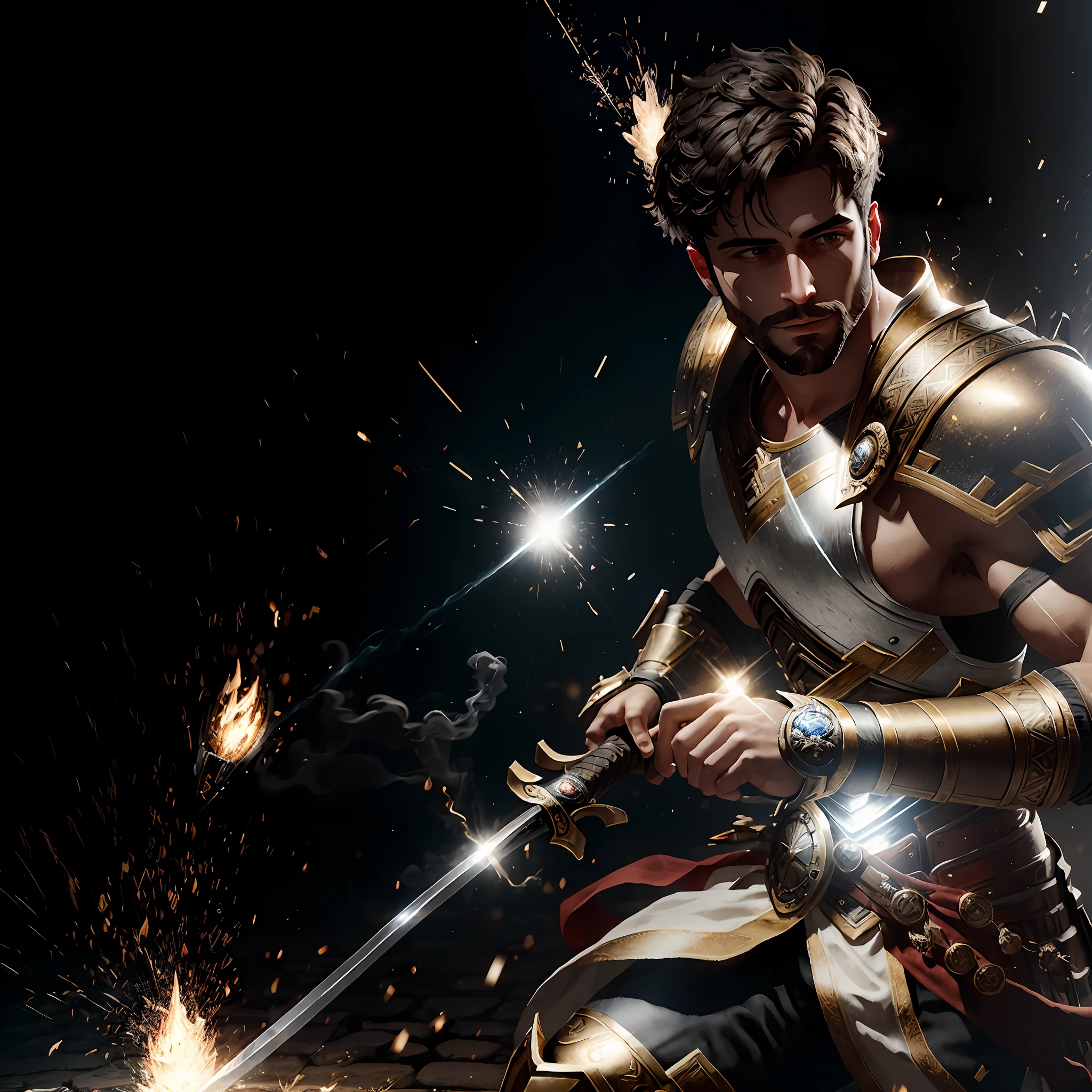 masterpiece, highest quality, solo focus, (perfect face:1.1) , (high detail:1.1), (dramatic, 1.5), 1 muscular male:1.3, (short black hair:1.2), (black torpedo beard), (deeply tanned skin), (scrapes and cuts on skin),  (in ancient greek armor), (swords), (smoke and sparks), ((bright light:1.5)), hyper detailed, digital art, studio quality, smooth render, unreal engine 5 render, octane render, 8K, particle effects,