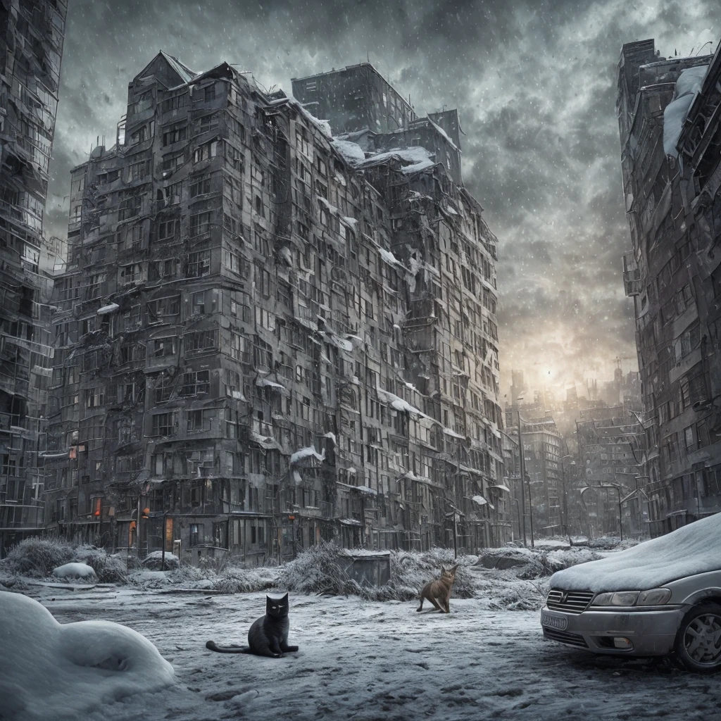 the cat is lying, looking at you, the end of the world, epically realistic, (hdr: 1.4), (muted colors: 1.4), apocalypse, freezing, abandonment, neutral colors, night, refraction of screen space, (complex details), (complex details, overdetalized: 1.2), artstation, cinematic snapshot, vignette, complex background, buildings, snowy