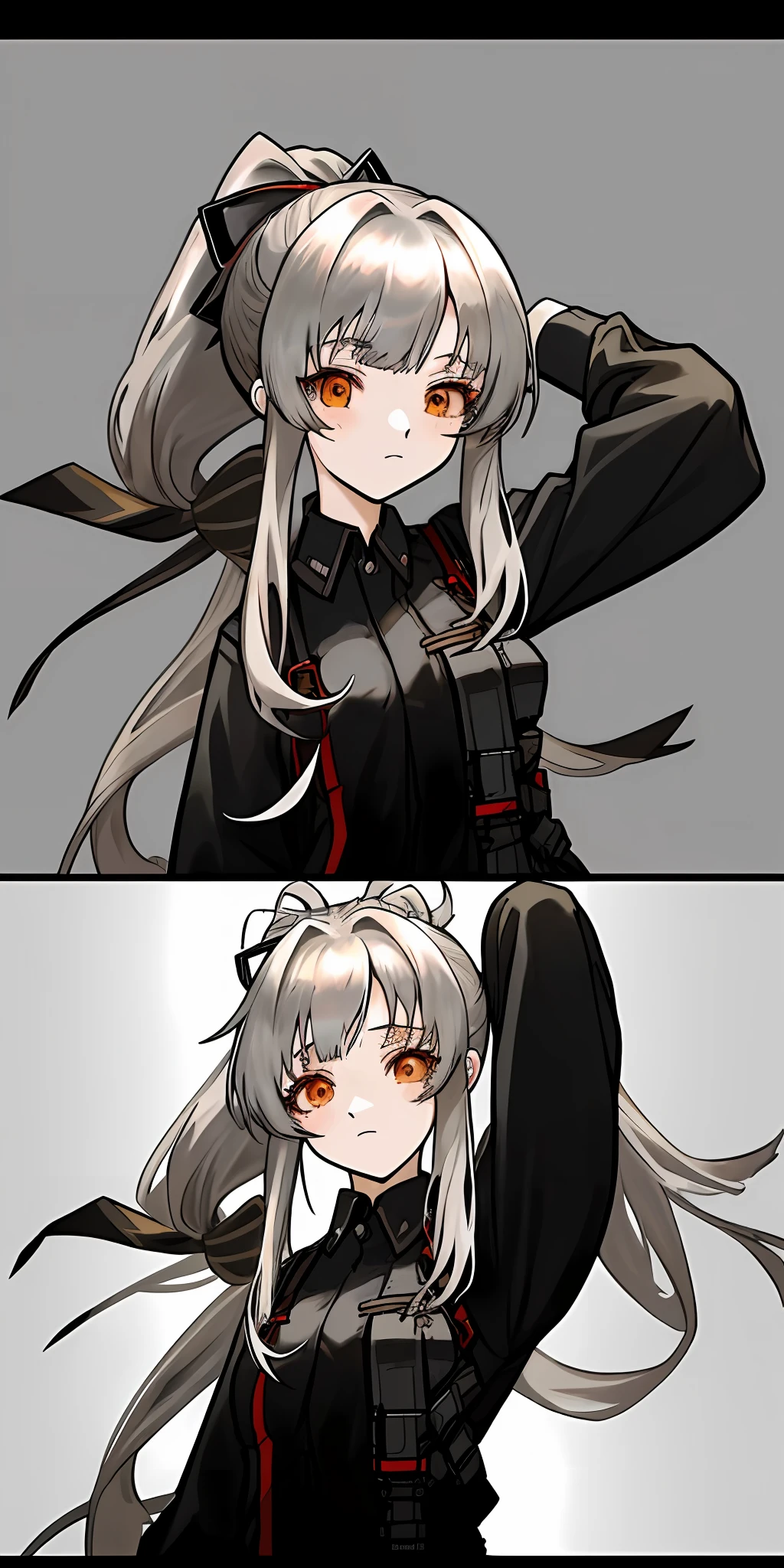 anime girl with long hair and black shirt holding up her hands, anime moe artstyle, rena nounen style 3/4, from girls frontline, girls frontline style, anime style character, in an anime style, discord pfp, flat anime style shading, anime style portrait, silver hair (ponytail)