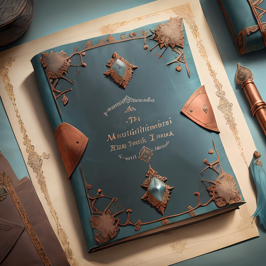 the front cover of an ancient medieval Italian codex, scruffy aquamarine leather with copper and silver decorations, paper etiquette with mystical text in black ink, view from above, centred, extremely high details, scruffy:1.5, rough:1.5, stained:1.5, muted natural colours:1.5