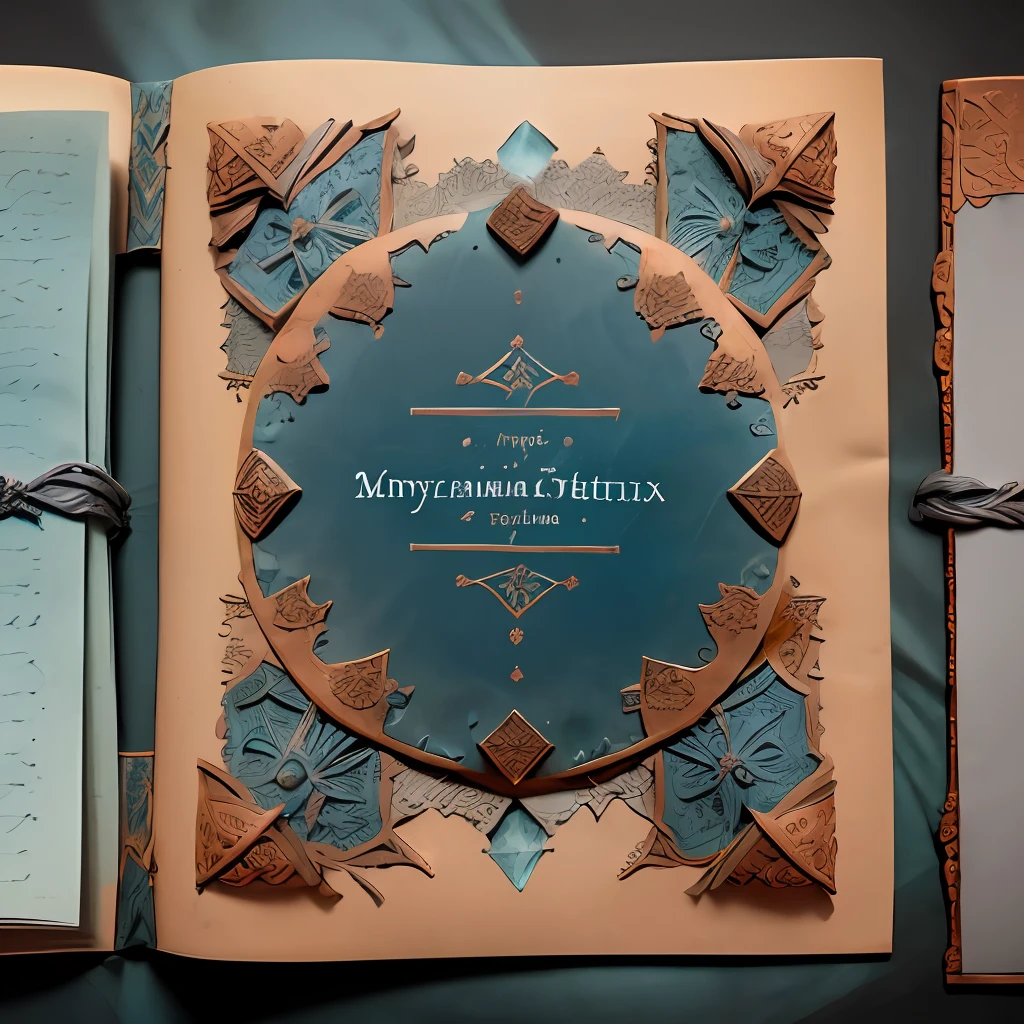 the front cover of an ancient medieval Italian codex, scruffy aquamarine leather with copper and silver decorations, paper etiquette with mystical text in black ink, view from above, centred, extremely high details, scruffy:1.5, rough:1.5, stained:1.5, muted natural colours:1.5