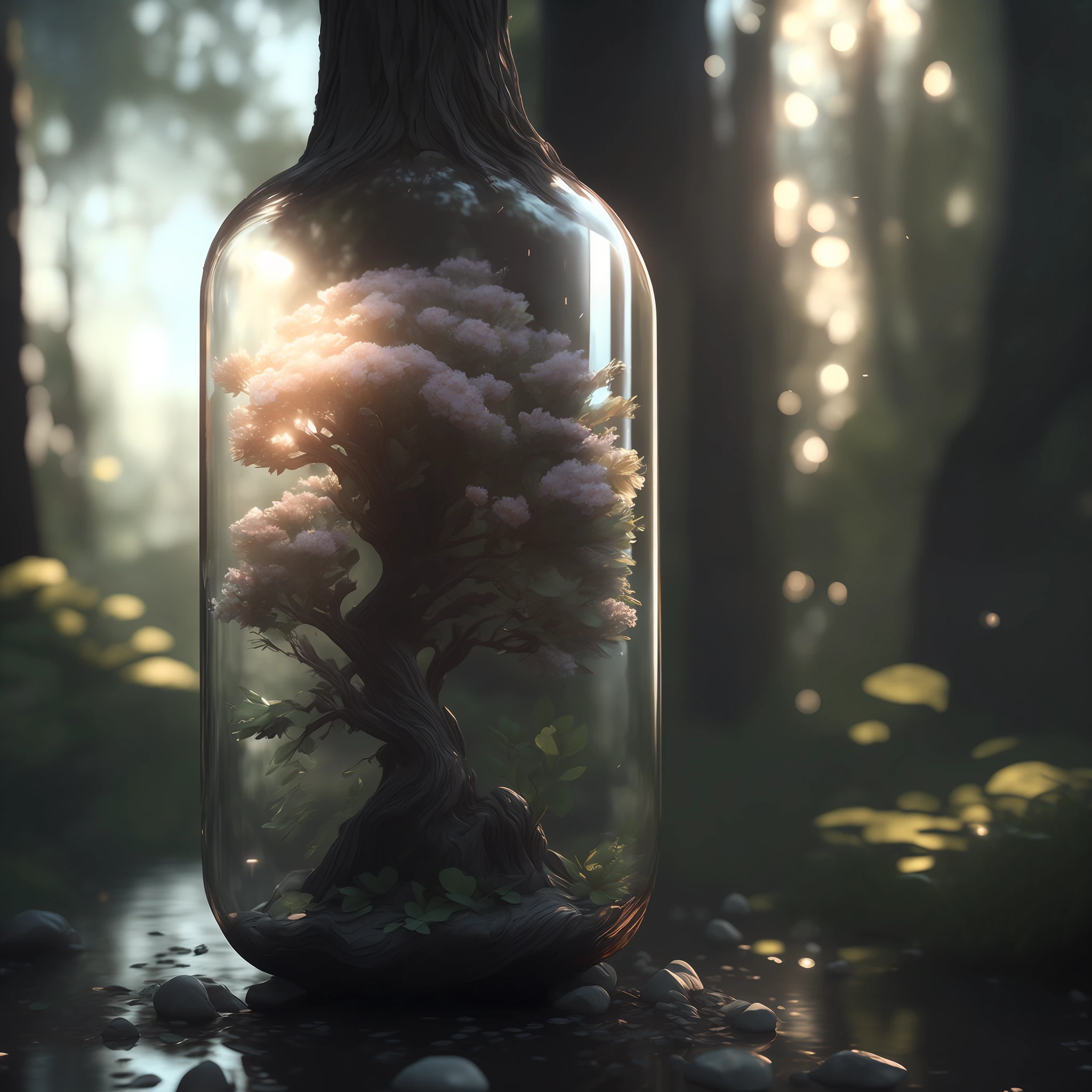 dreamlikeart tree in a bottle, fluffy, realistic, photo, canon, dreamlike, art, colorfull leaves and branches with flowers on top of its head. hyperdetailed photorealism by greg rutkowski - h 1024 w 804 | f 1 6 lens mark 2:2 s 3555 mm film grain :1 lifelike high res sharp focus contrast!! intricate detailed atmospheric light refraction lighting unreal engine 5 cinematic concept photography masterpiece octane render trending at cgsociety rendered as